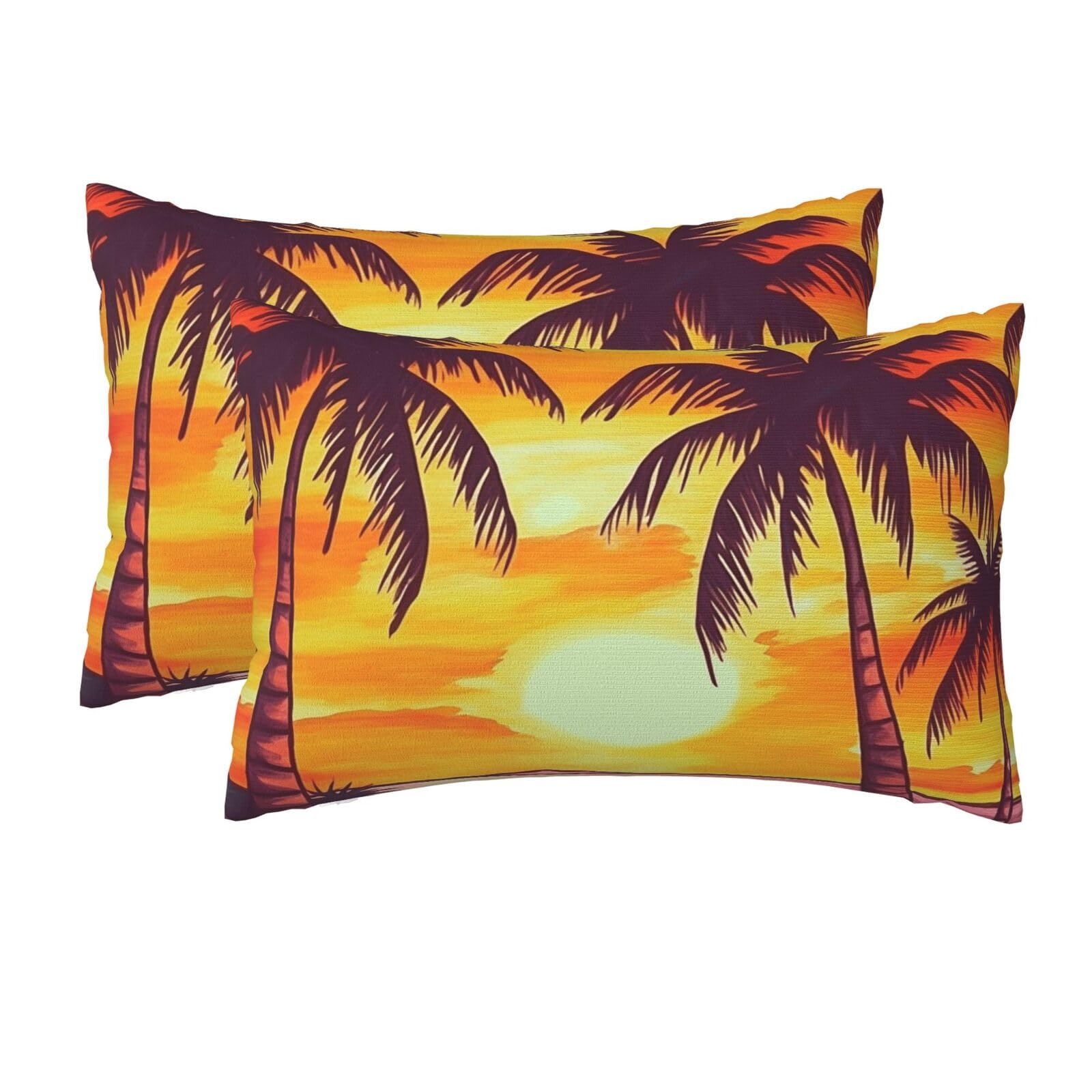 2 Pack Queen Size Pillow Cases for Hair and Skin Soft Breathable Pillow Case Covers with Hidden Zipper Sunset Palm Tree Pillowcase 20x30 Inches Pillow Cover for Sleeping Gift