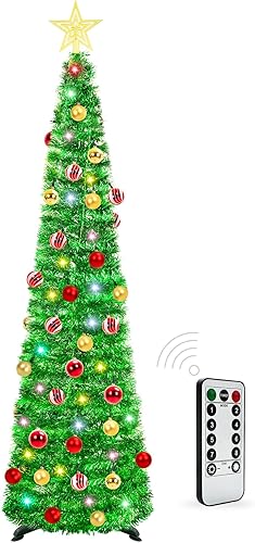 Miniatura 1 de HISFFOG Árbol de Navidad de oropel preiluminado de 5 pies con 8 modos de ajuste de luz, 50 luces de color remoto, funciona con pilas, árbol delgado