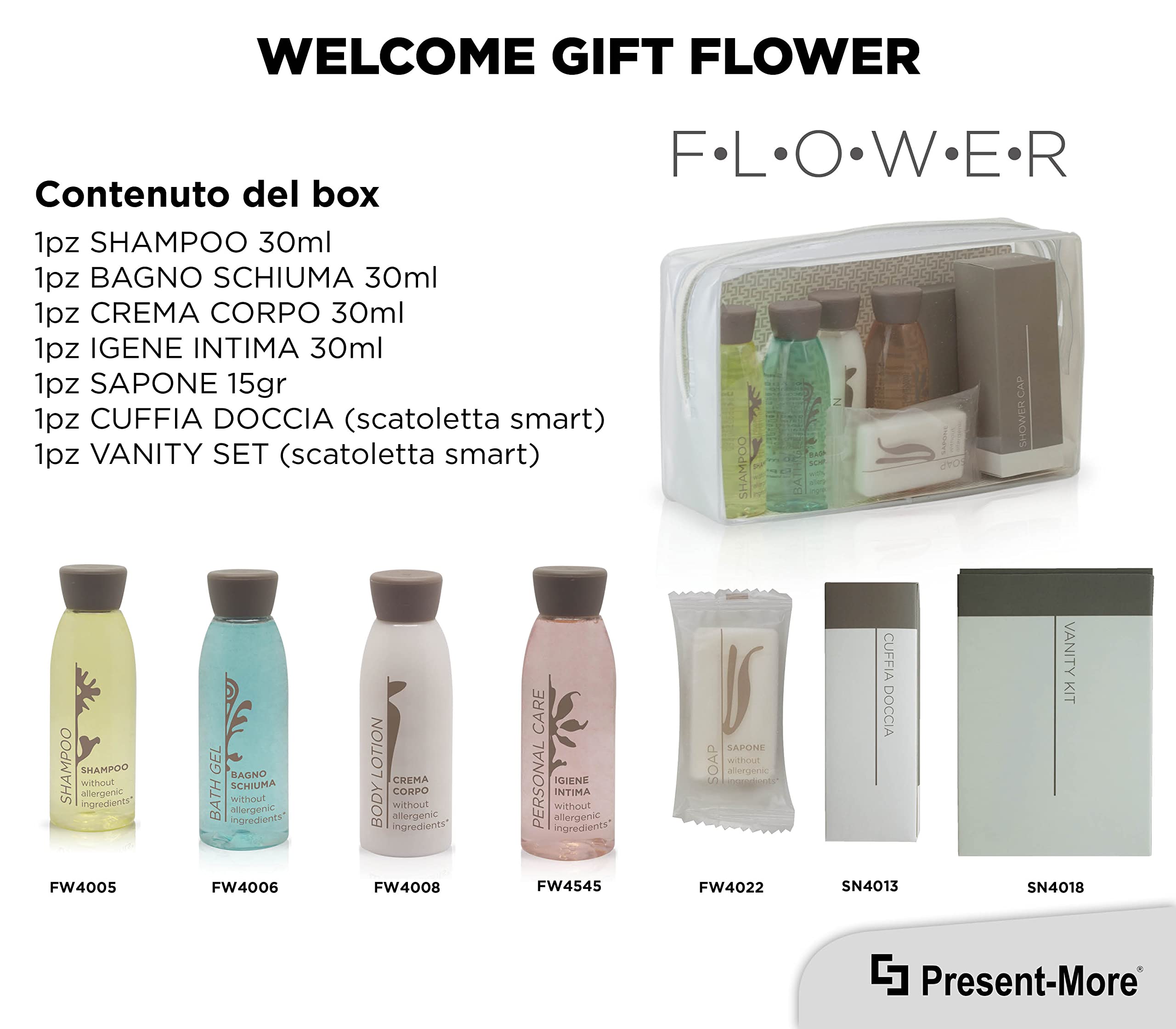 PRESENT-MORE - Set Cortesia 12 Ospiti Flower - Fragranza Tè Verde - Contiene: Shampoo, Gel Doccia, Crema, Gel Intimo, Sapone e Accessori - Per Hotel e B&B