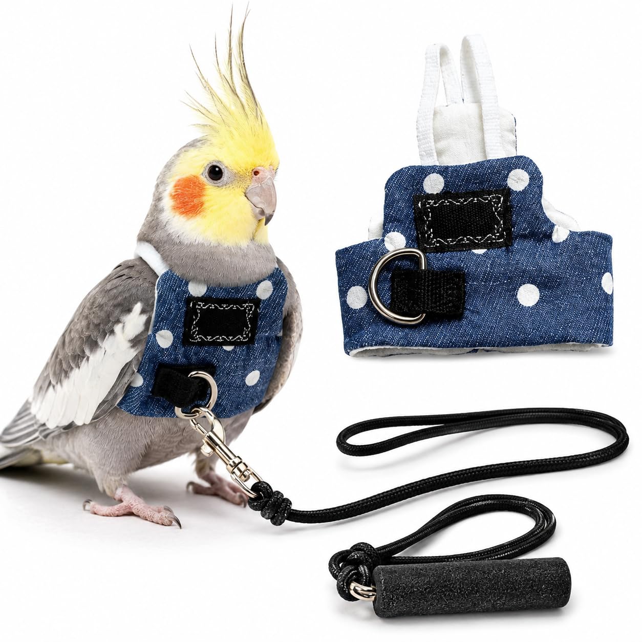 Polka Dot Denim Small Parrot Flight Suit - Adjustable Bird Harness with D-Ring, Hand Made Small Bird Vest for Cockatiel Conure, Outdoor Anti Escape Clothes-image-29