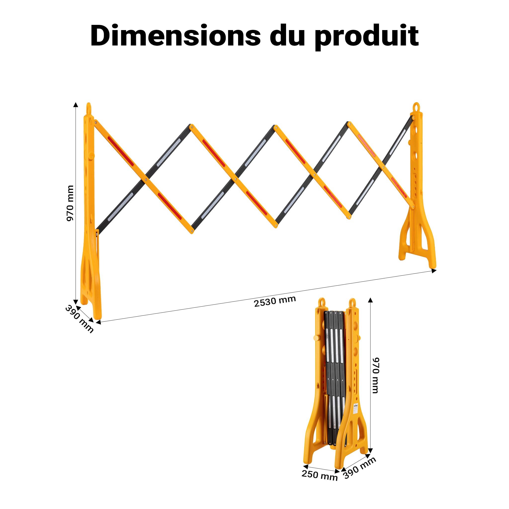Wiltec Barrière extensible 250 cm en plastique, barrière à ciseaux avec bande réfléchissante, remplissable et pliable