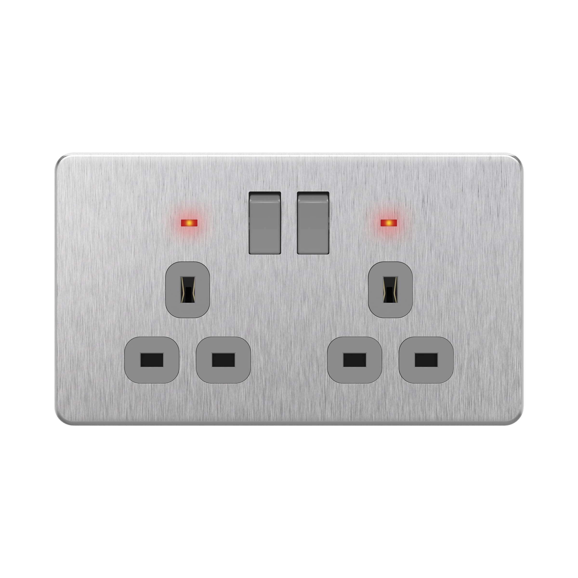 LIDER 2-Gang Switched 13A Socket with LED Power Indicators, Plug Socket with Child-Proof Shutters, Screwless Metal Plate Cover, UKCA, Stainless Steel
