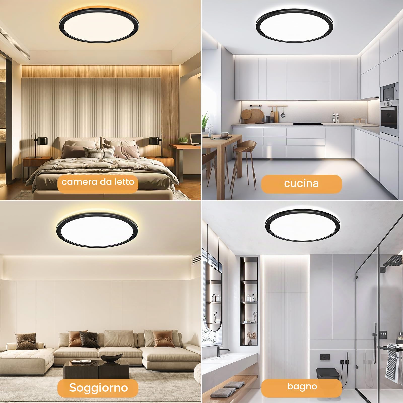 OUILA Ø30cm Dimmerabile Lampadario con Telecomando, 24W Plafoniera Dimmerabile 3000K-6500K Plafoniera LED Soffitto 2400LM Plafoniere per Soggiorno Camera da Letto Cucina Bagno (Nera, 2 Pezzi)