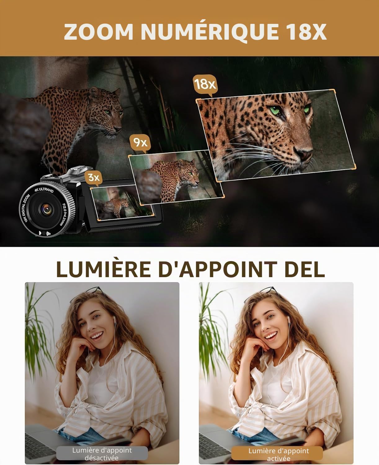 Caméscope 4K 48MP Vision Nocturne IR Zoom Numérique 18X Écran Tactile 3,0 Pouces Rotation 270° Caméra Vlogging avec Télécommande Mic Carte 32 Go 2 Piles
