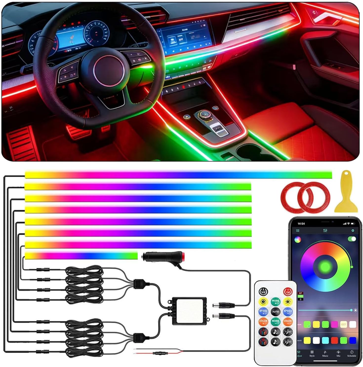 Acrylic Interior Car LED Strip Light with APP Remote Control,235 inches 8 in 1 RGB Dreamcolor Neon Flexible Strip Fiber Optic LED Ambient Lighting Kits,RGB Music Lights Sync for Inside car Decorations
