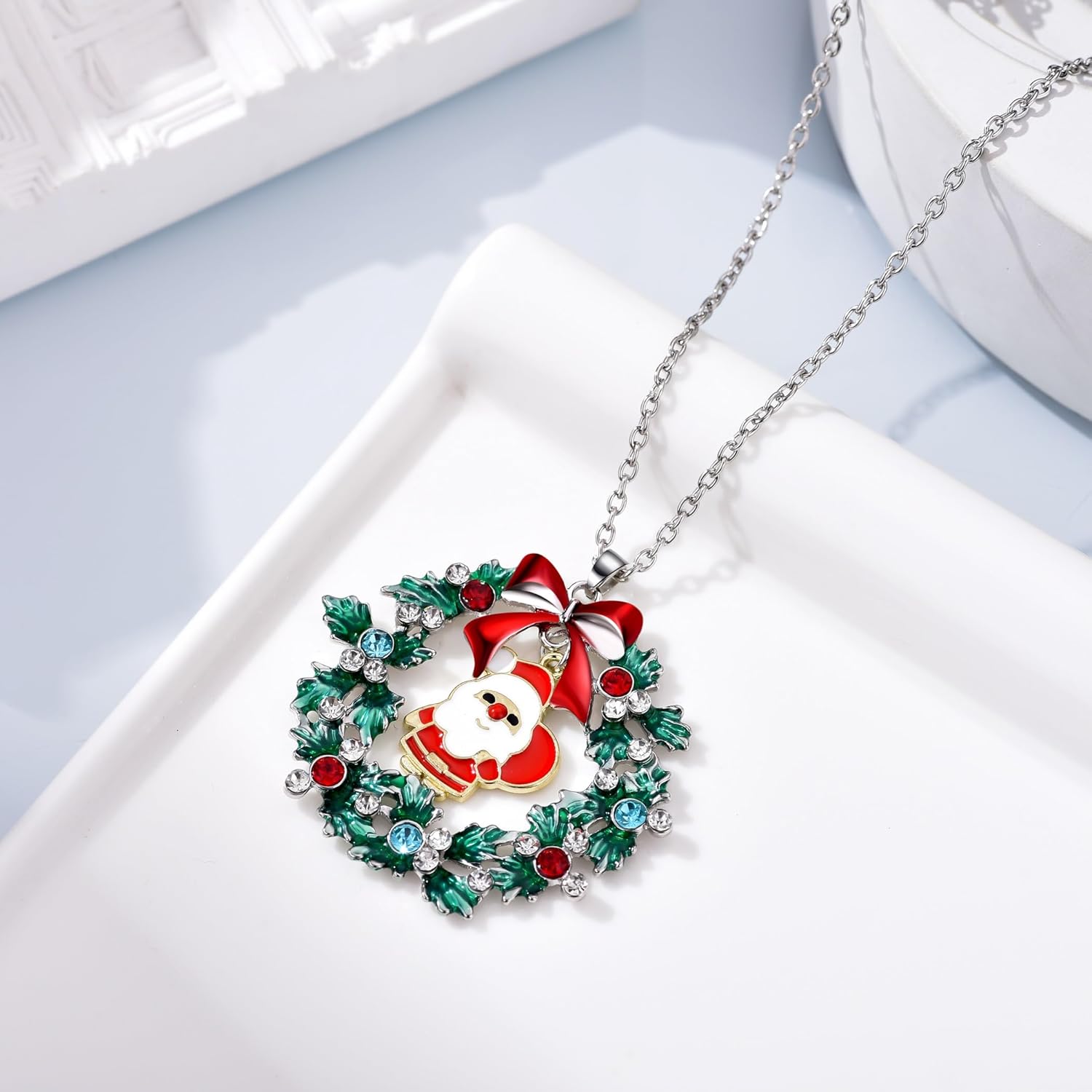 Christmas Necklaces for Women Xmas Wreath Pendant Necklace Holiday Jewelry Gift - Image 6