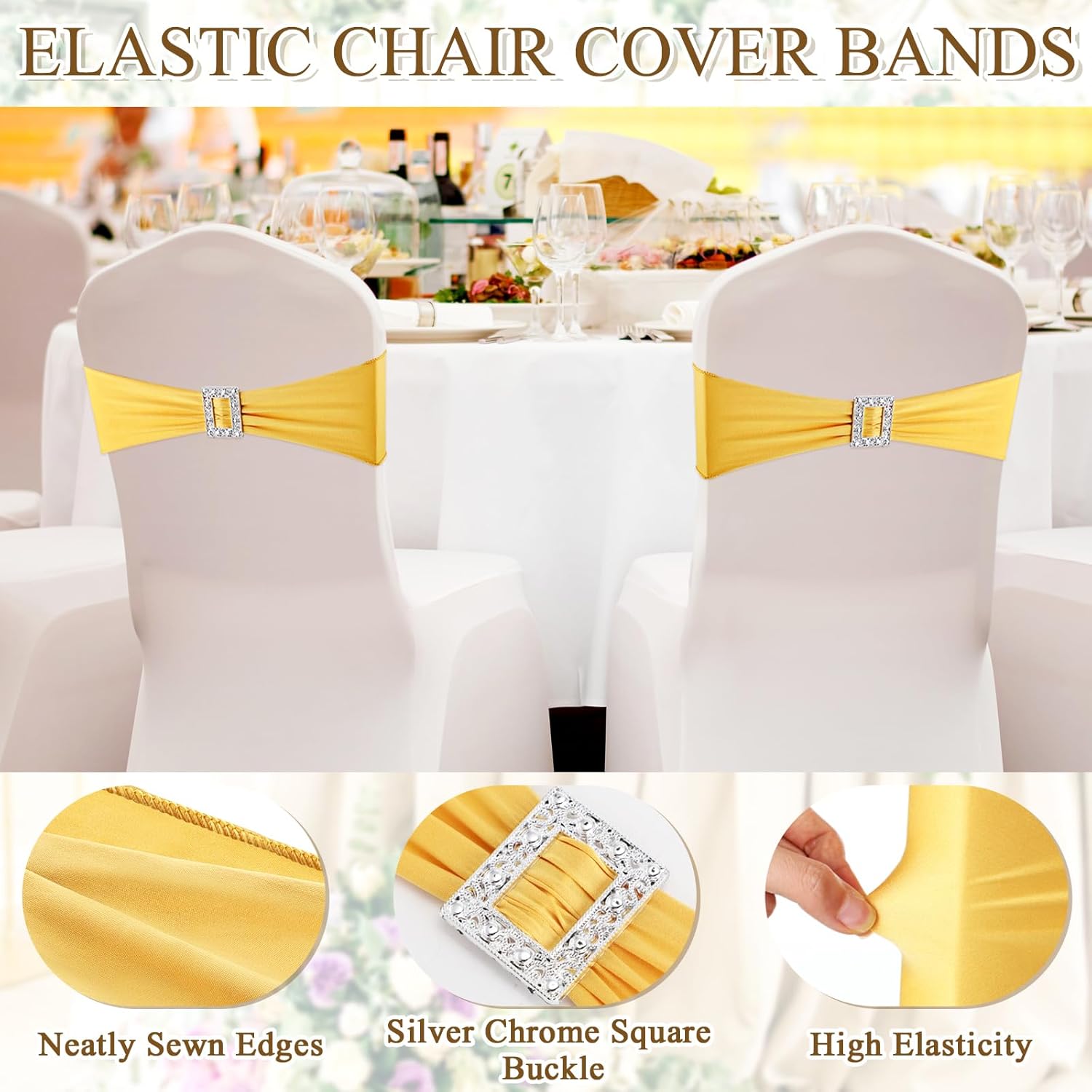 VitalCozy 100 Pcs Spandex Chair Sashes with Square Buckle Slider Stretch Chair Cover Band Universal Elastic Ties Straps Bows for Wedding Banquet Event Party Decoration(Gold)
