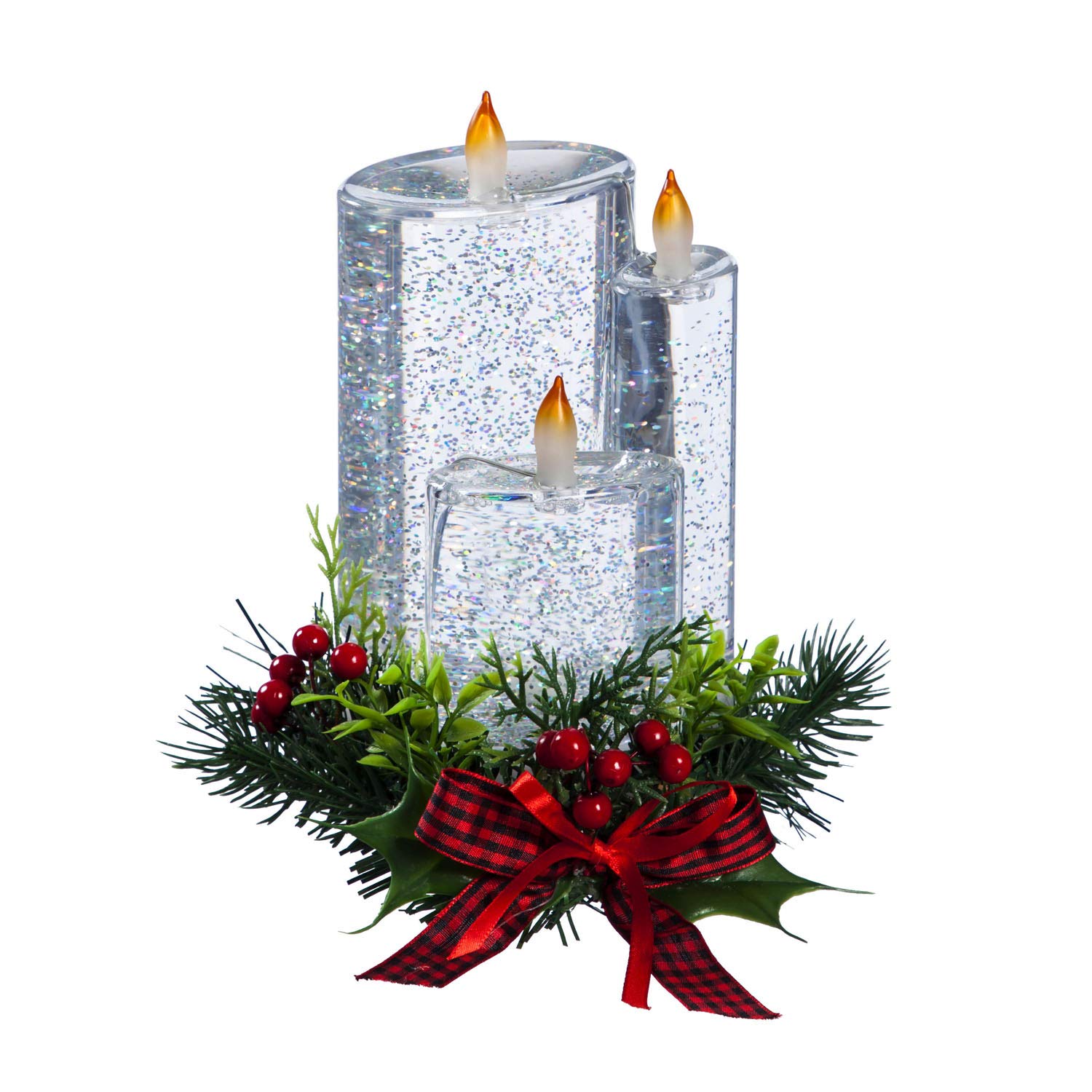 Cypress Home Beautiful LED Spinning Water Candle with Artificial Pine and Bow - 7 x 5 x 8 Inches Indoor/Outdoor Decoration for Homes, Yards and Gardens