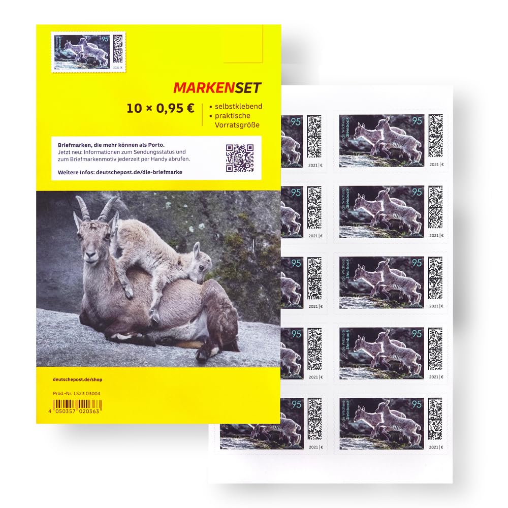 10 Stück 0,95 EUR 95 Cent postfrische selbstklebende Briefmarken | Frankaturware Markenset (Motiv: Junge Wildtiere - Steinbock)