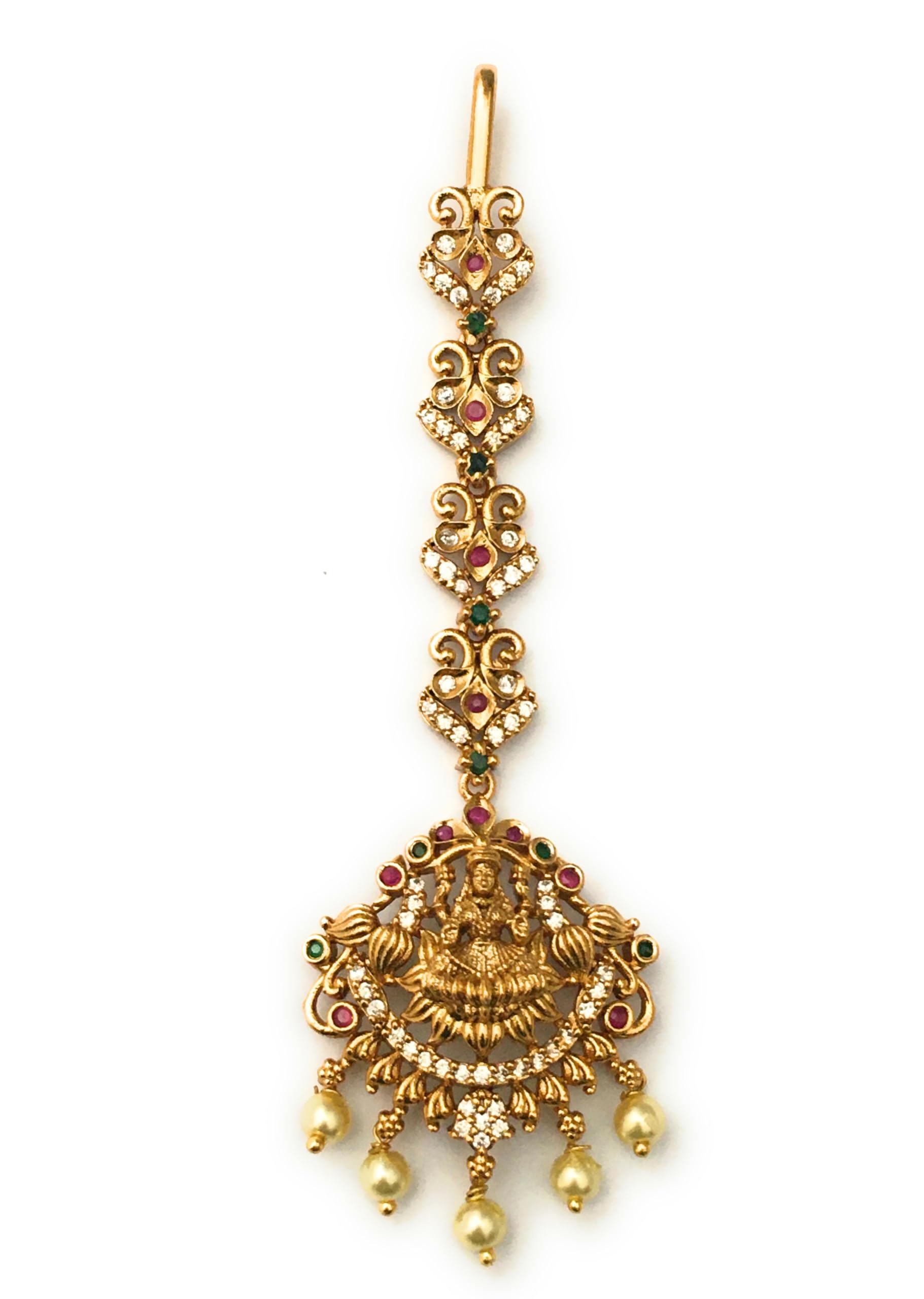 Traditional Matt Gold Plated Temple AD Stone Studded Lakshmi Maan Tikka for Women and Girls