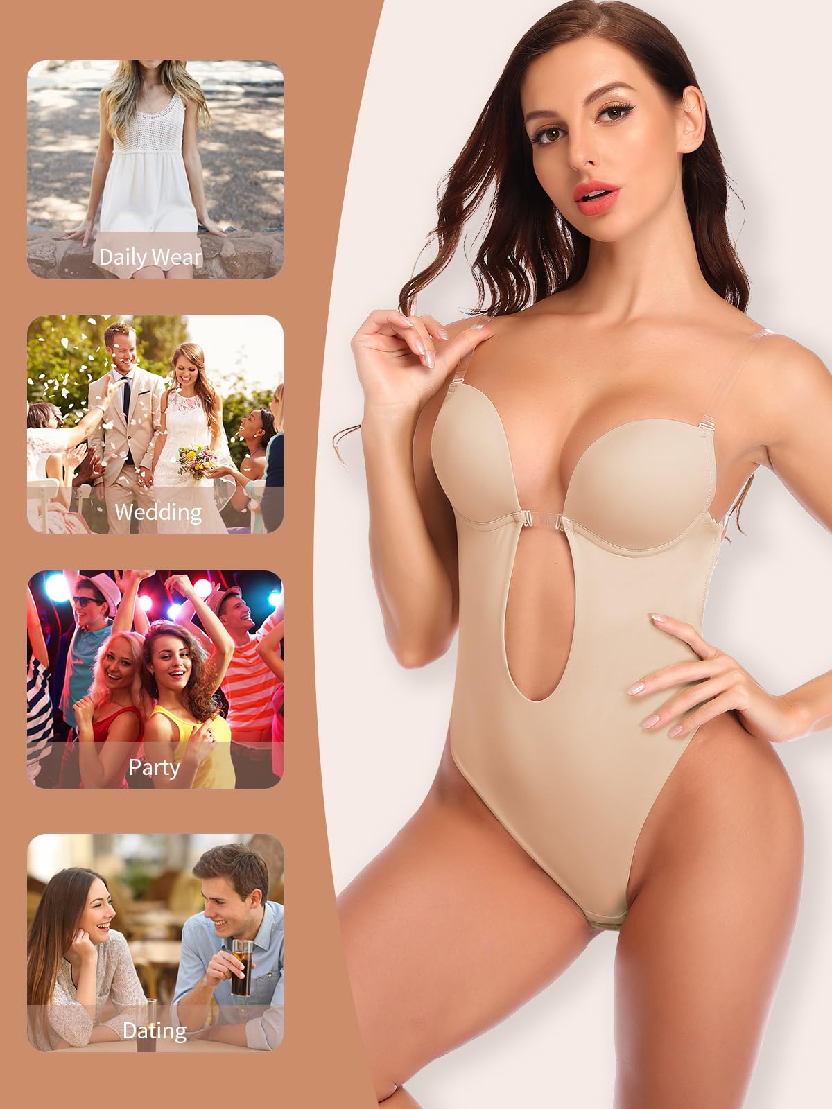 SHAPERIN Damen Rückenfreier Bodysuit Tiefer V-Ausschnitt Body Shaper Bauchweg Formender Body String Shapewear mit Push Up BH