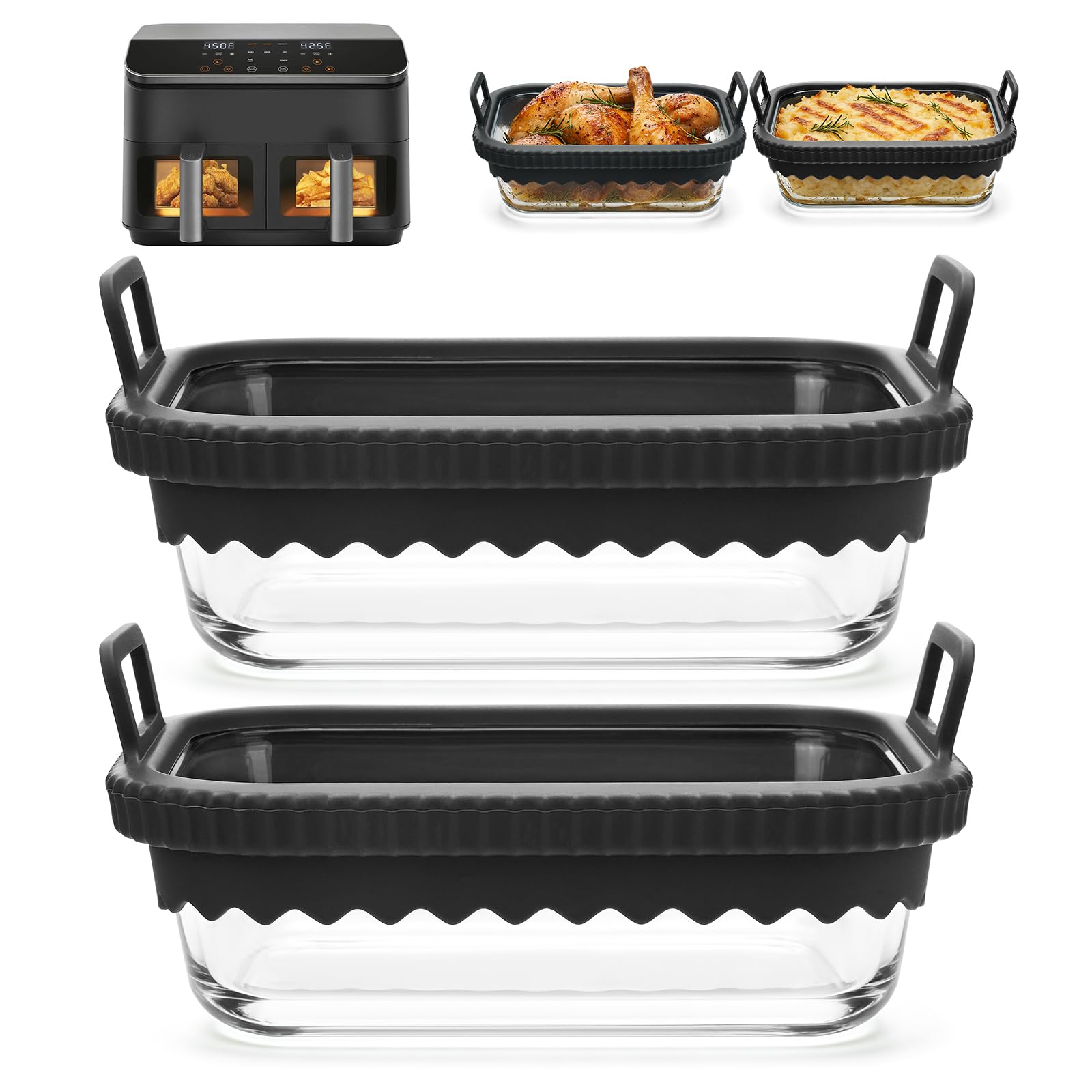Lot de 2 Plat en Verre Pour Air Fryer Avec Poignées en Silicone pour Ninja Cosori Philips,Récipient en Verre Airfryer Résistant à la Chaleur et Aux Rayures,Passe au Lave Vaisselle Plat Verre Air Fryer