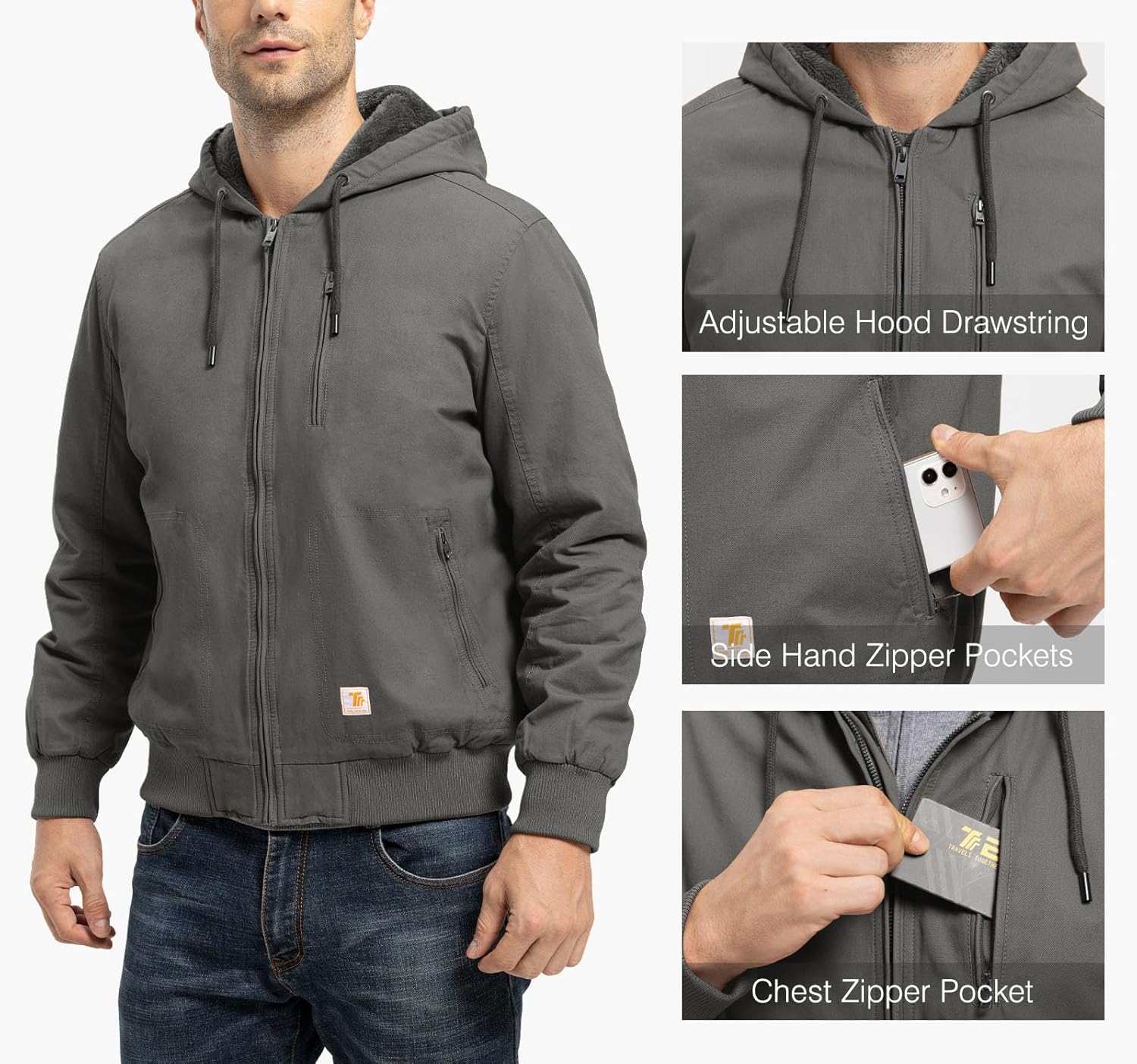 TBMPOY Men's Winter Jackets Hooded Work Cotton Fleece Lined Duck Coats Flannel Active Workwear Coat - Image 5