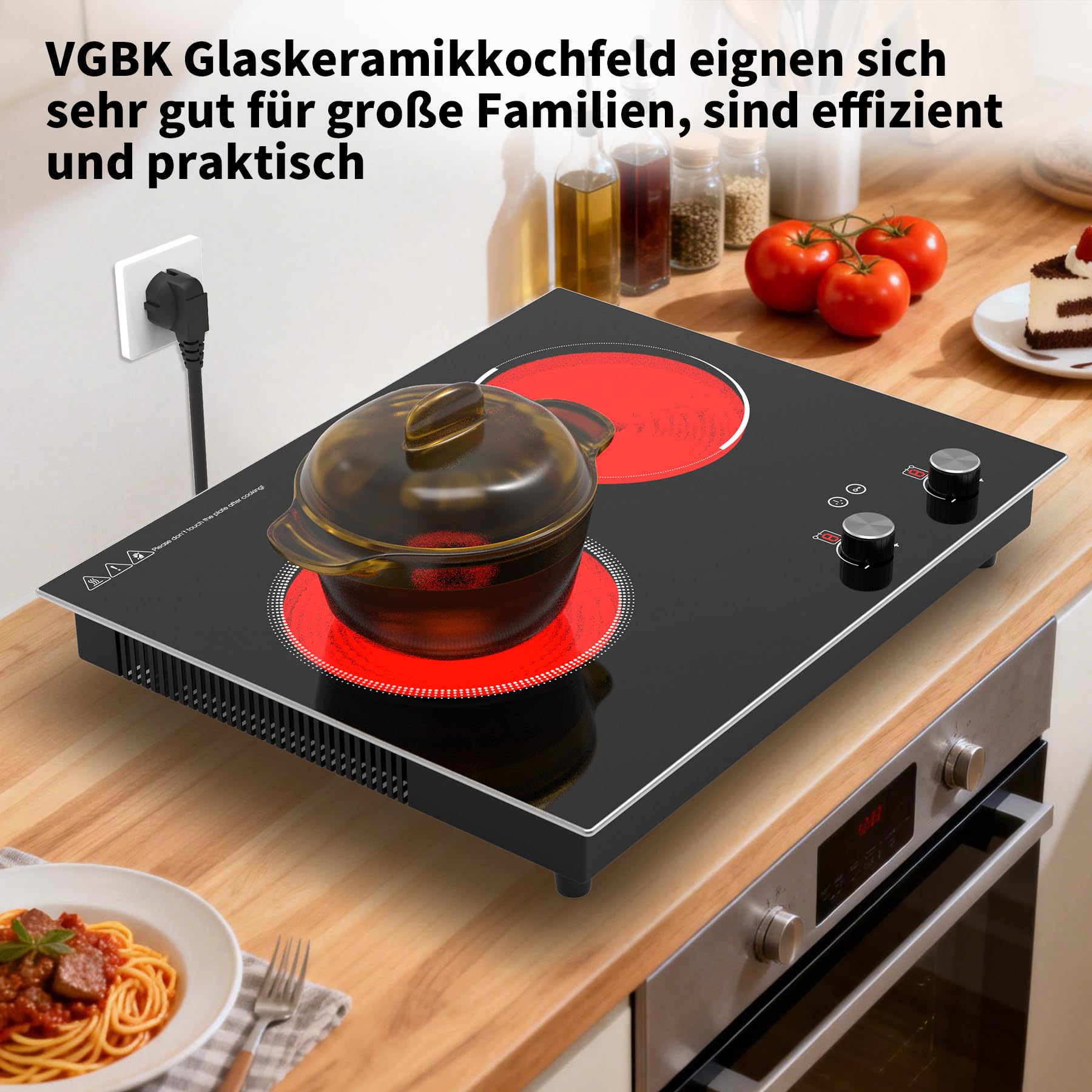 VBGK Cerankochfeld 2 Platten 3000 W Einbau Kochfeld mit 9 Heizstufen Timer Kindersicherung LED-Touch-Steuerung