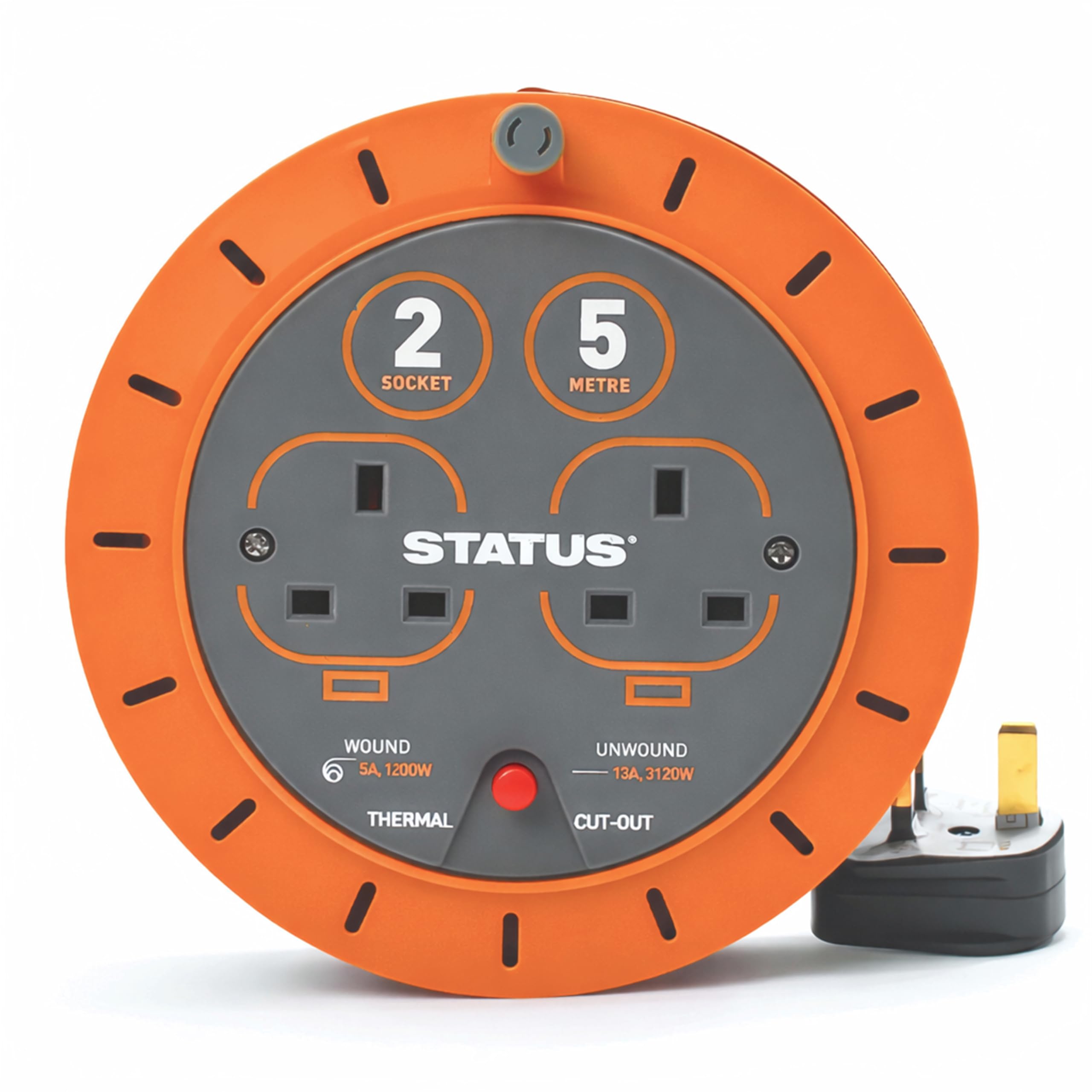 STATUS Double Socket Cassette Reel, 5m, Orange, 10 Amp, Thermal Cut Out, Compact Extension Lead, Ideal for Indoor Use, Power Tools, DIY, Home Appliances (S5M10ACR5)