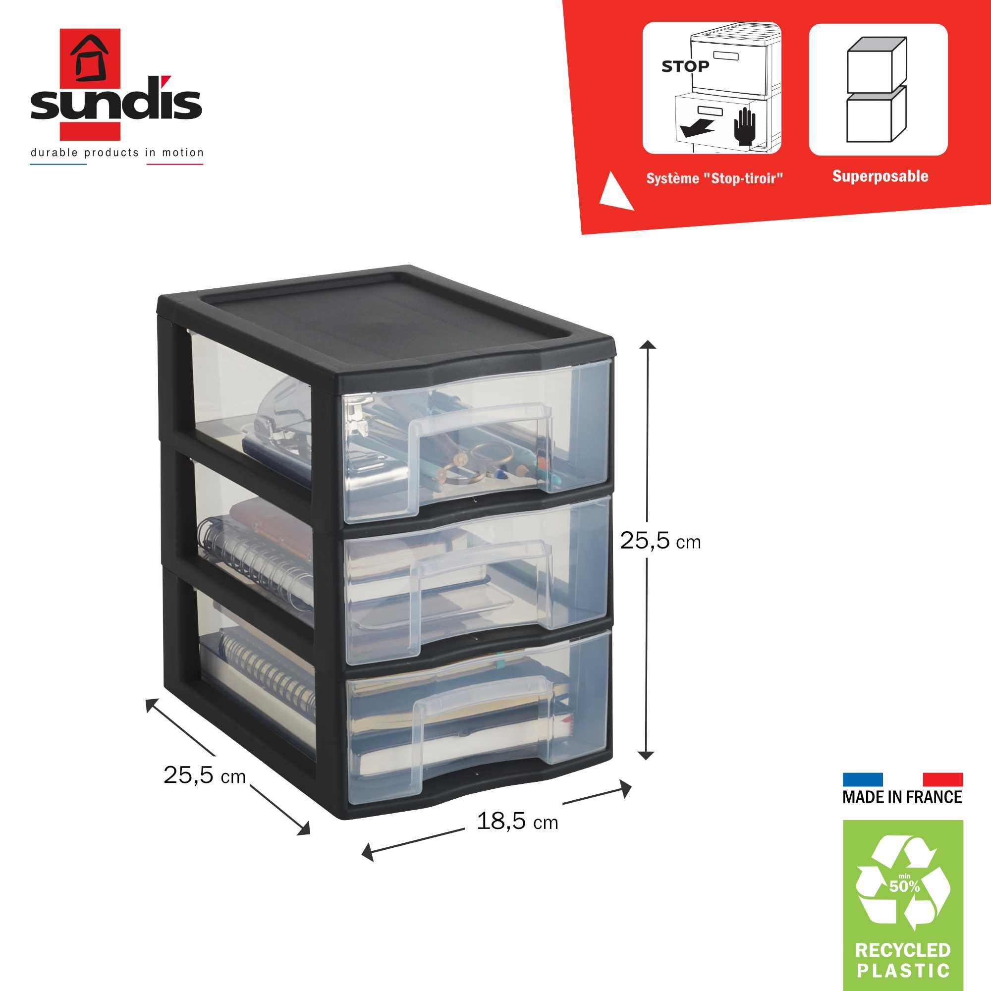 SUNDIS Tower, mała czarna plastikowa wieża do przechowywania, 3 przezroczyste szuflady A5, wysokość 25,5 cm, nakładka, idealna do przechowywania kosmetyków, biżuteria, akcesoria, materiały