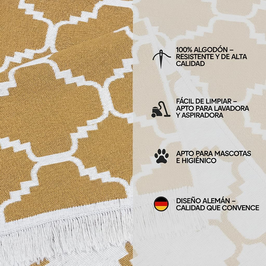 Jimri Alfombra de Pasillo - alfombras para salón, Dormitorio, Cocina, habitación Infantil, baño - Alfombra Boho Kelim - Morocco-Gold White, 160 x 230 cm