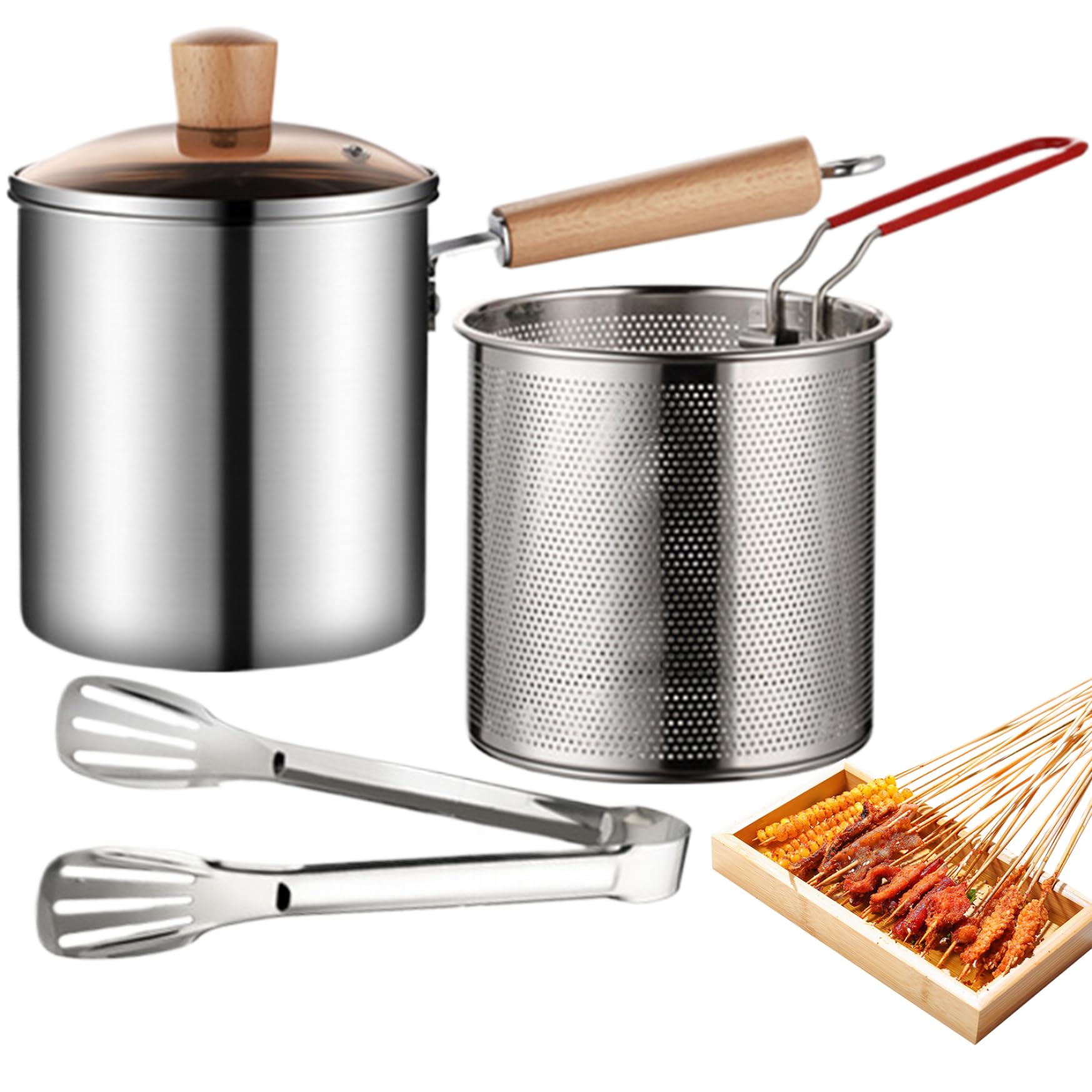 Bote de freidores de la estufa, la olla de freidora de acero inoxidable 3L con cesta de colador y mango, freidora superior con tapa y pinzas visibles para freír pollo y papas fritas
