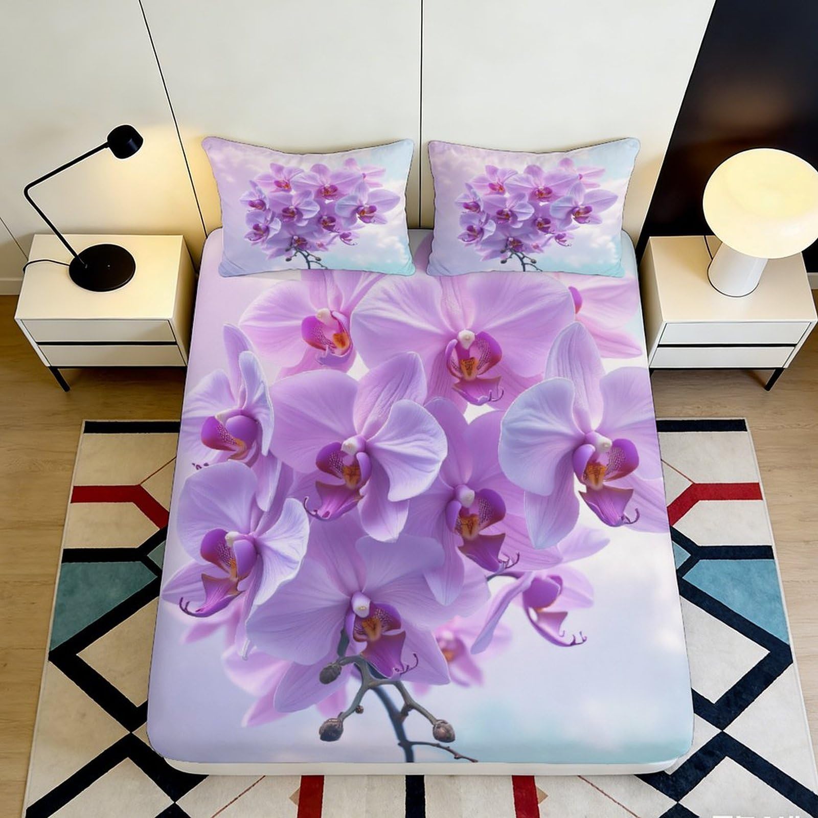 3D Printed Orchid Blossom Fitted Sheet Microfiber Soft Purple Flower Mattress Cover for Bedroom Guest Room Decor 90x200x25cm
