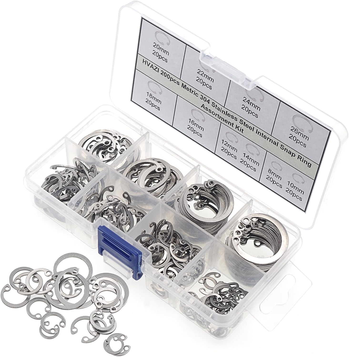200PCS 8-26mm 304 Stainless Steel Metric Internal Snap Ring Kit