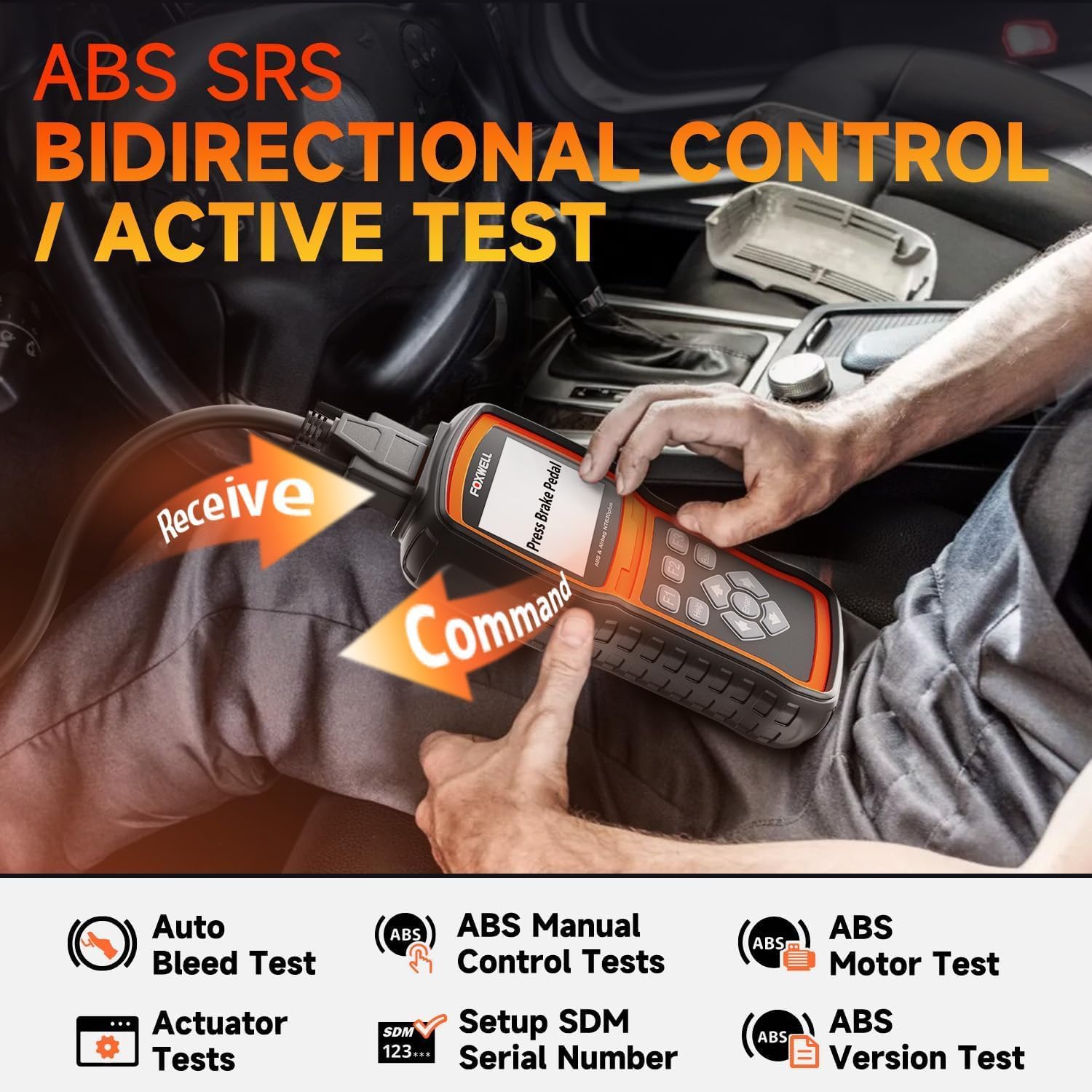 A person using the FOXWELL NT630 Plus to perform a bidirectional control test on a vehicle, with arrows indicating command and receive actions.