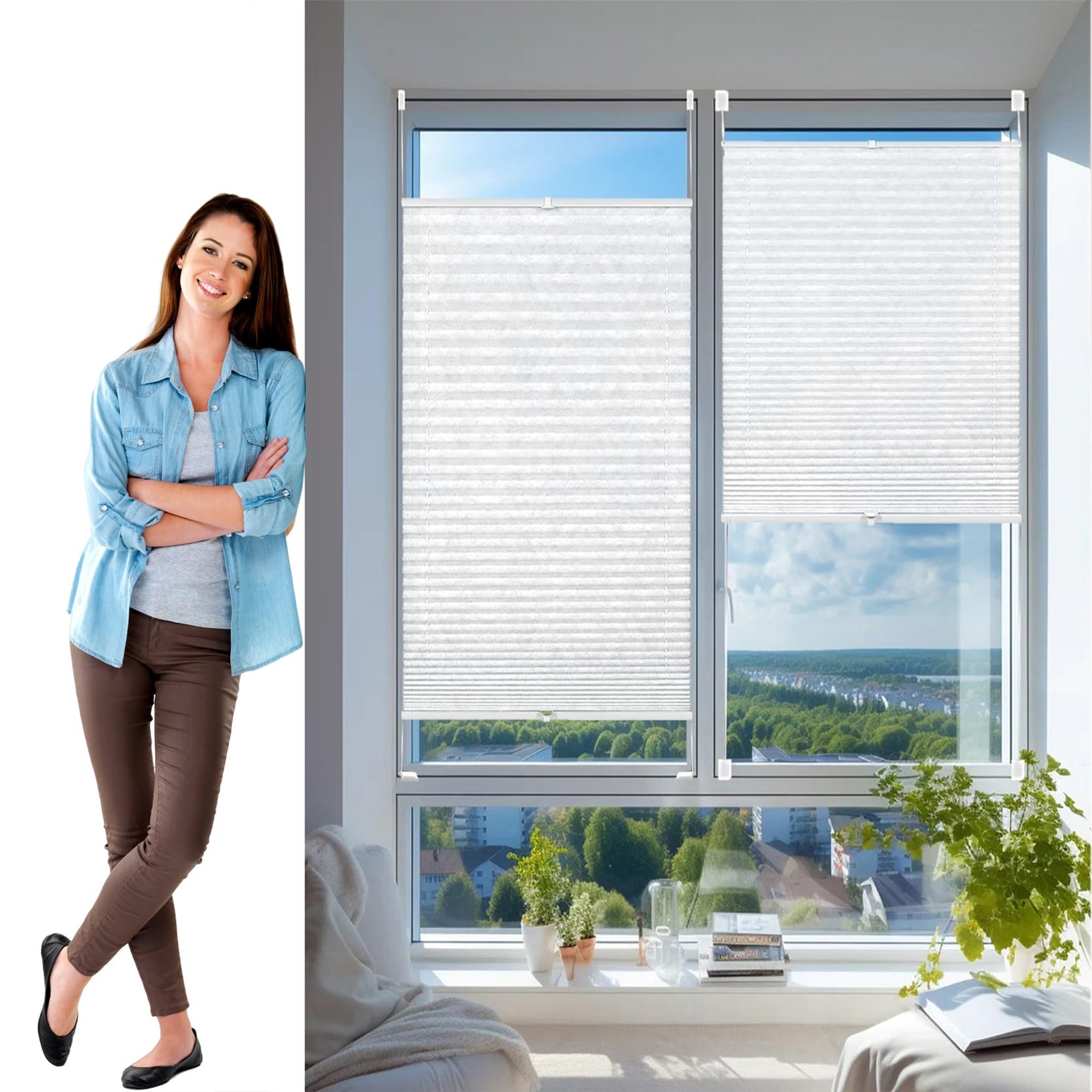 No Drill Blinds Instant Temporary Blinds 20 x 220 cm (W x H), No Tool No Drill Shades Top-Down Bottom-Up, No Drill Blinds Stick on Blinds, Block-Out Pleated Blind, for Window Door, White — image 1