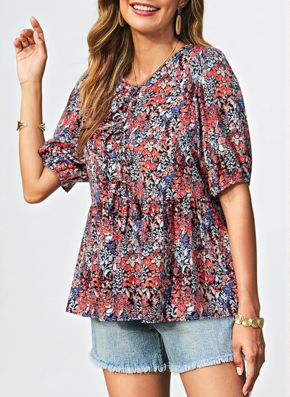 Dokotoo Summer Tops for Women Dressy Casual Business Crewneck Babydoll Peplum Puff Sleeve Shirts Tie Front Boho Blouses - Image 3