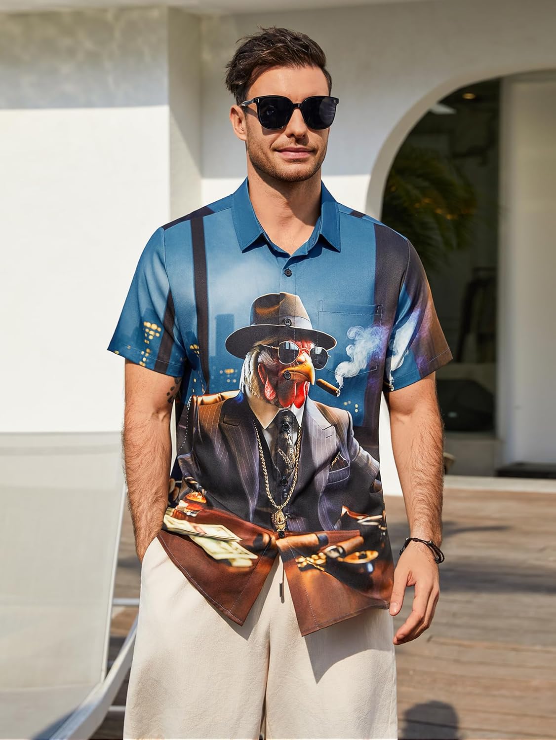 Hardaddy Men's Gongfu Rooster Chest Pocket Printed Short Sleeve Button Down Summer Casual Shirt - Image 2