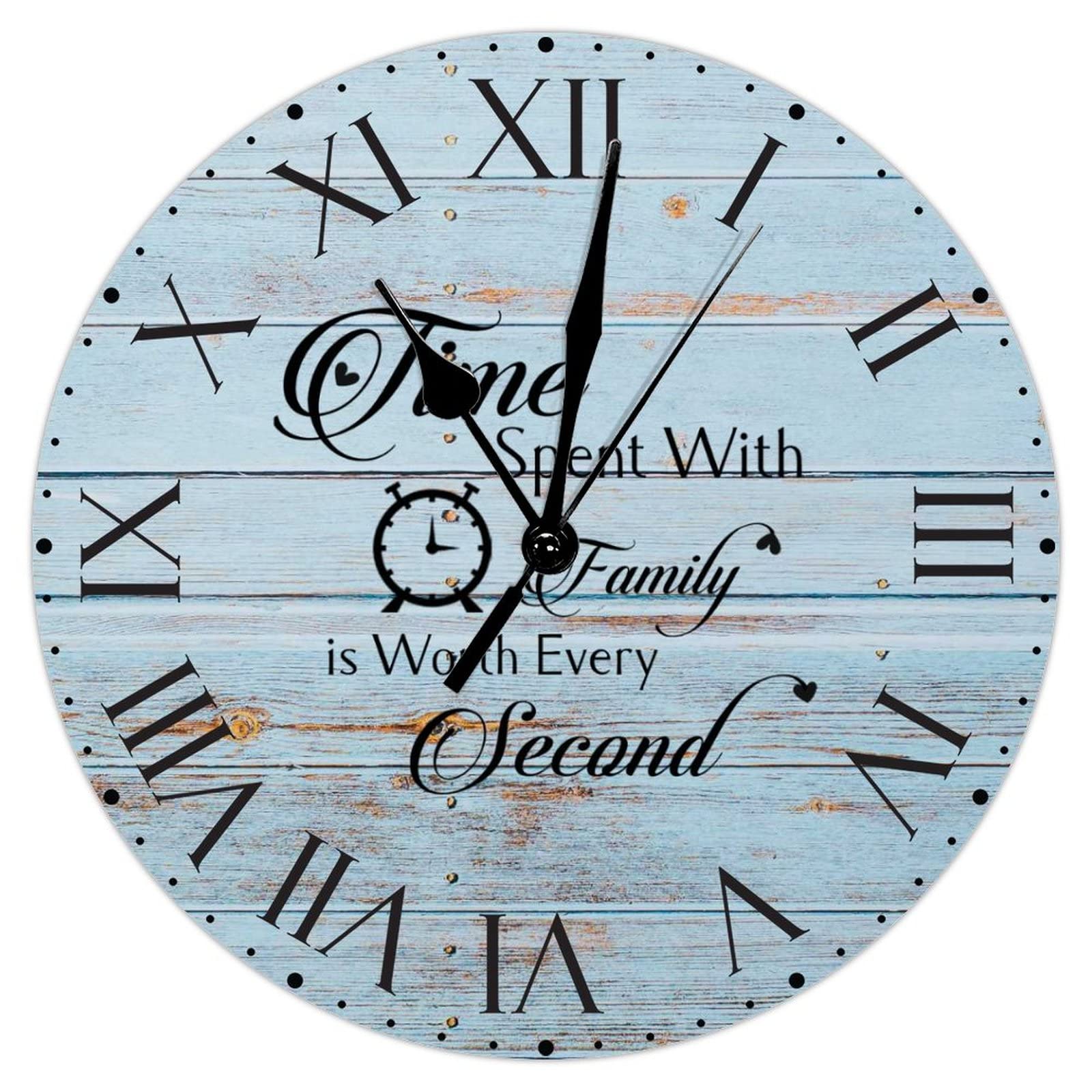 PVC Clock Time Spent with Family Is Worth Every Second Large Wall Clock Spiritual Quotes Roman Numerals Clock 8.8in Silent Non-Ticking Vintage Frameless Clocks for Bedroom Office Home