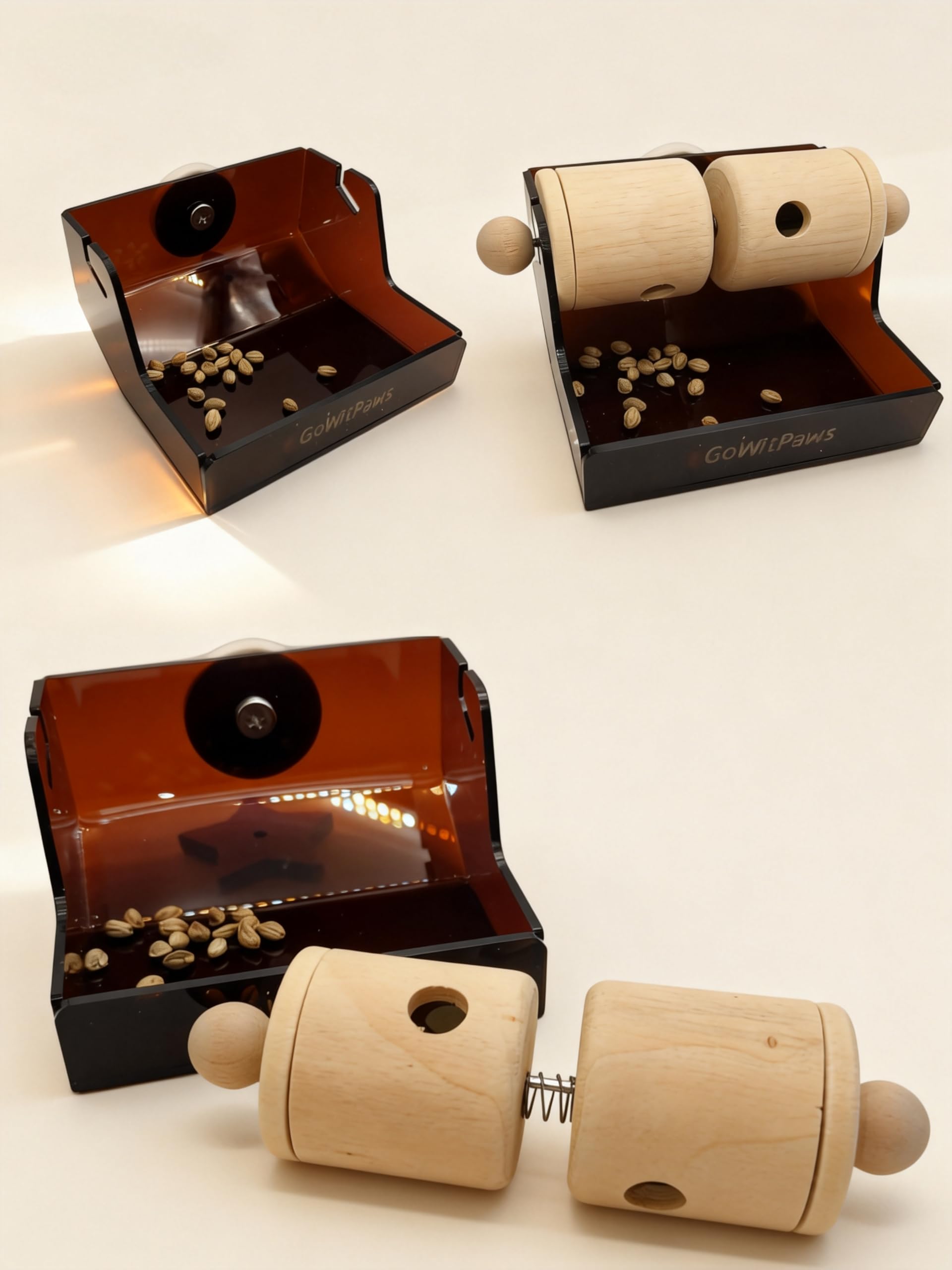 GoWitPaws Rolling Treat Dispenser, Dual Wooden Roller Foraging Toy with Tea-Colored Acrylic Tray, Interactive Puzzle Feeder for Small and Medium Parrots