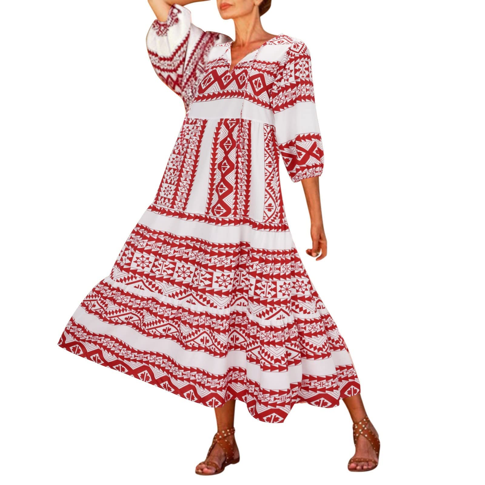 Robe ample imprimé boho avec demi manches légères et col en bretelles ajustables - 8