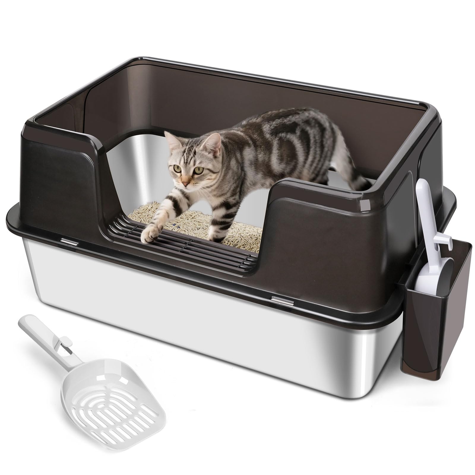 Katzentoilette Edelstahl XXL, 60 L x 40 W x 31,5 H cm | Geruchsresistent Katzenklo Groß mit Hoch Rand, Auslaufsichere & Nicht klebrig XXL Katzenklo für Große Katzen