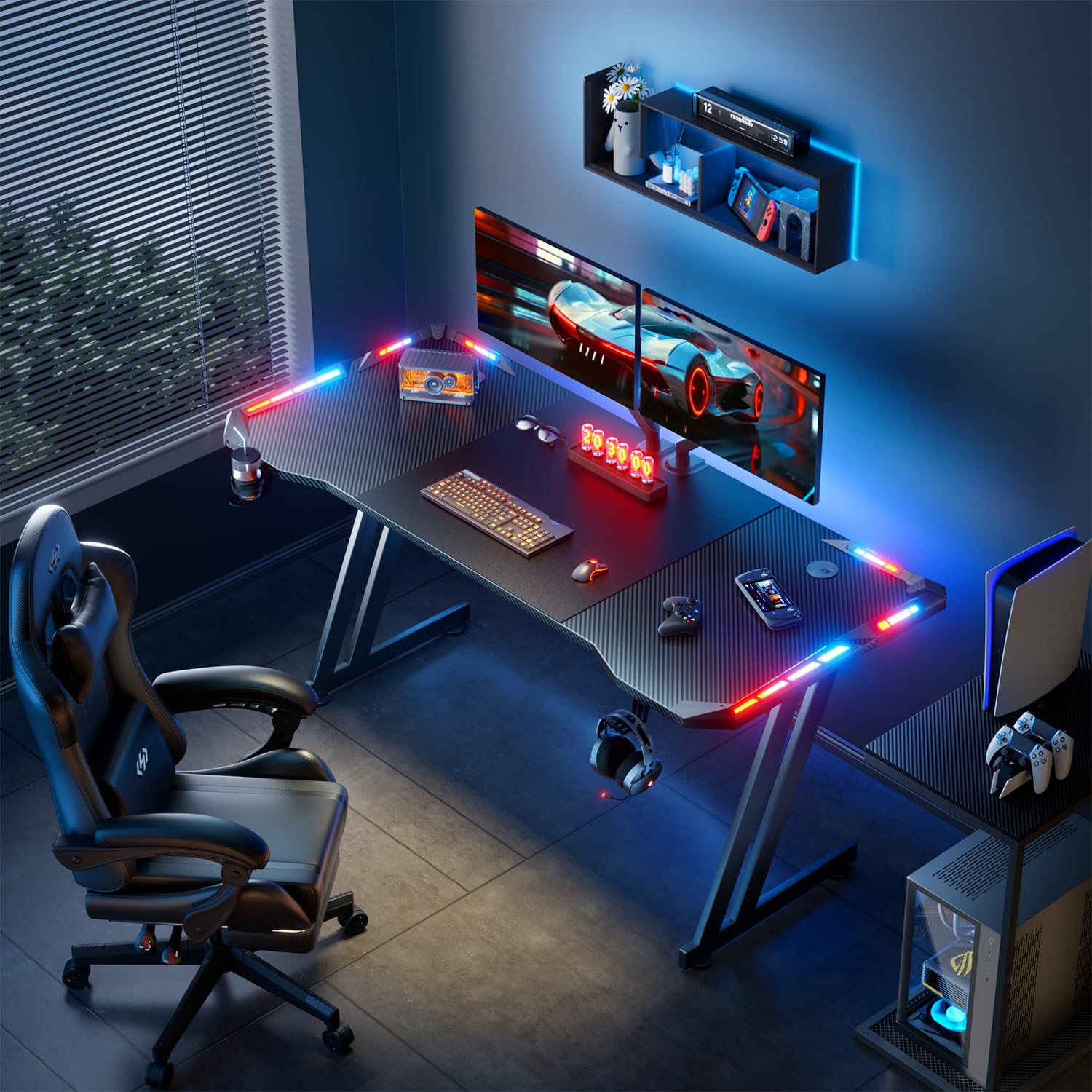 HLFURNIEU Scrivania Gaming LED, 120 x 60 cm Tavolo Gaming Ergonomica, Postazione Gamer con Portabicchieri e Gancio per Cuffie, Scrivania con Gamer Superficie in Fibra di Carbonio, Nero