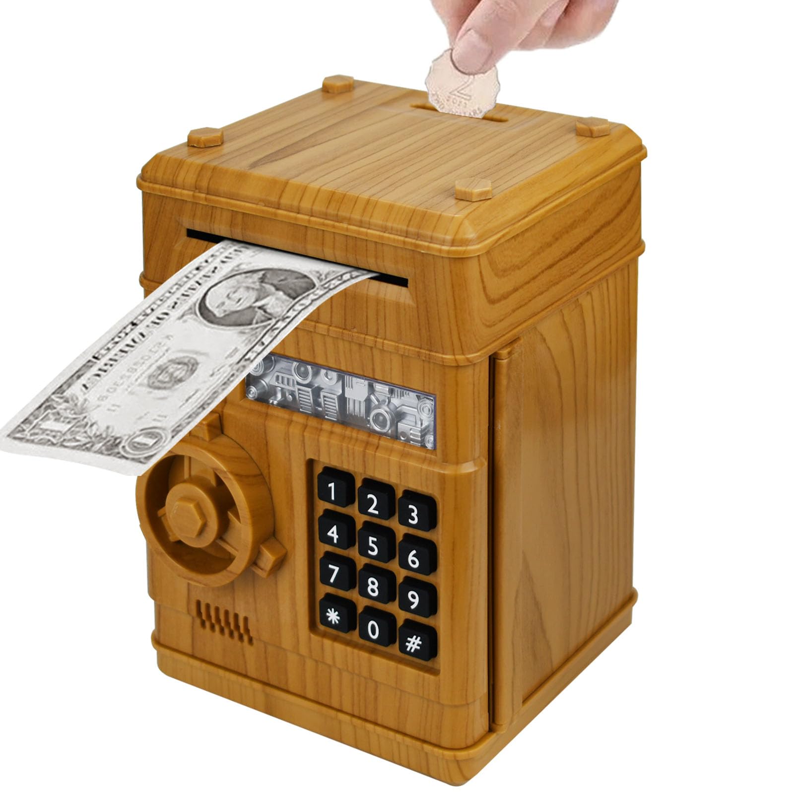 Piggy Bank Electronic Mini ATM for Kids Baby Toy, Safe Coin Banks Money Saving Box Password Code Lock for Children,Boys Girls Best Gift (Dark Woodgrain)
