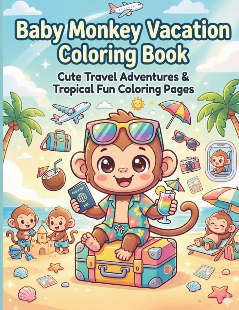 Baby Monkey Vacation Coloring Book: Cute Travel Adventures, Beach Holidays & Tropical Fun Coloring Pages for Kids, Teens & Adults