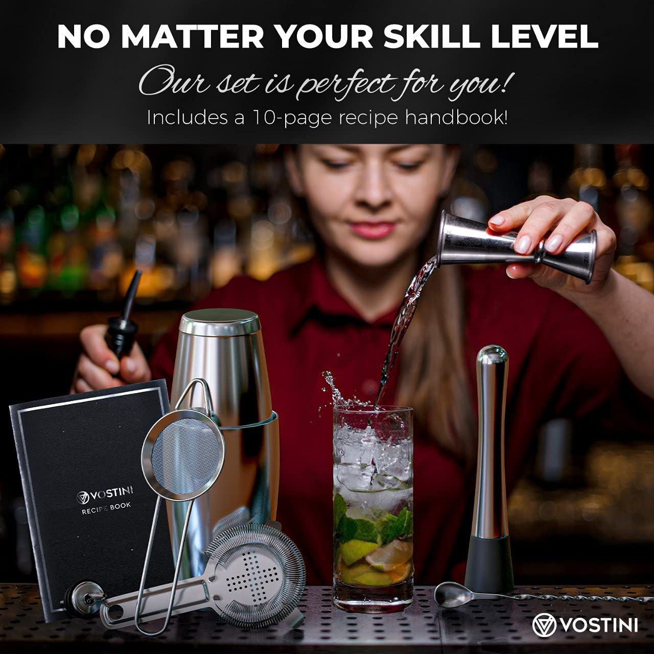 12Piece Silver Cocktail Shaker Set with Bamboo Stand, Weighted 18