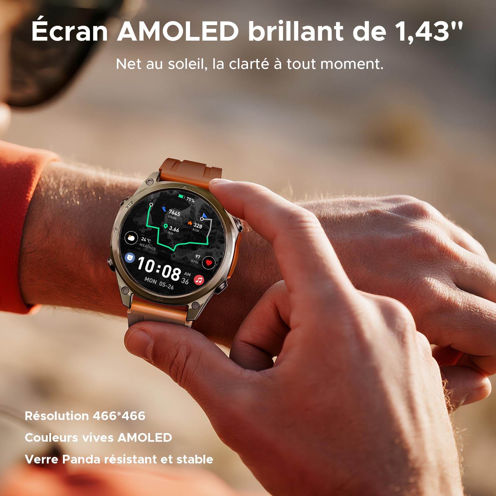 Anywise W1 Pro Montre Connectée Femme Homme, 1.43" AMOLED HD, Cartes Hors Ligne, Cardiofréquencemètre, Sommeil, 12 Jours Autonomie, 170+ Modes Sport, Bluetooth Appel, Compatible Android/iOS