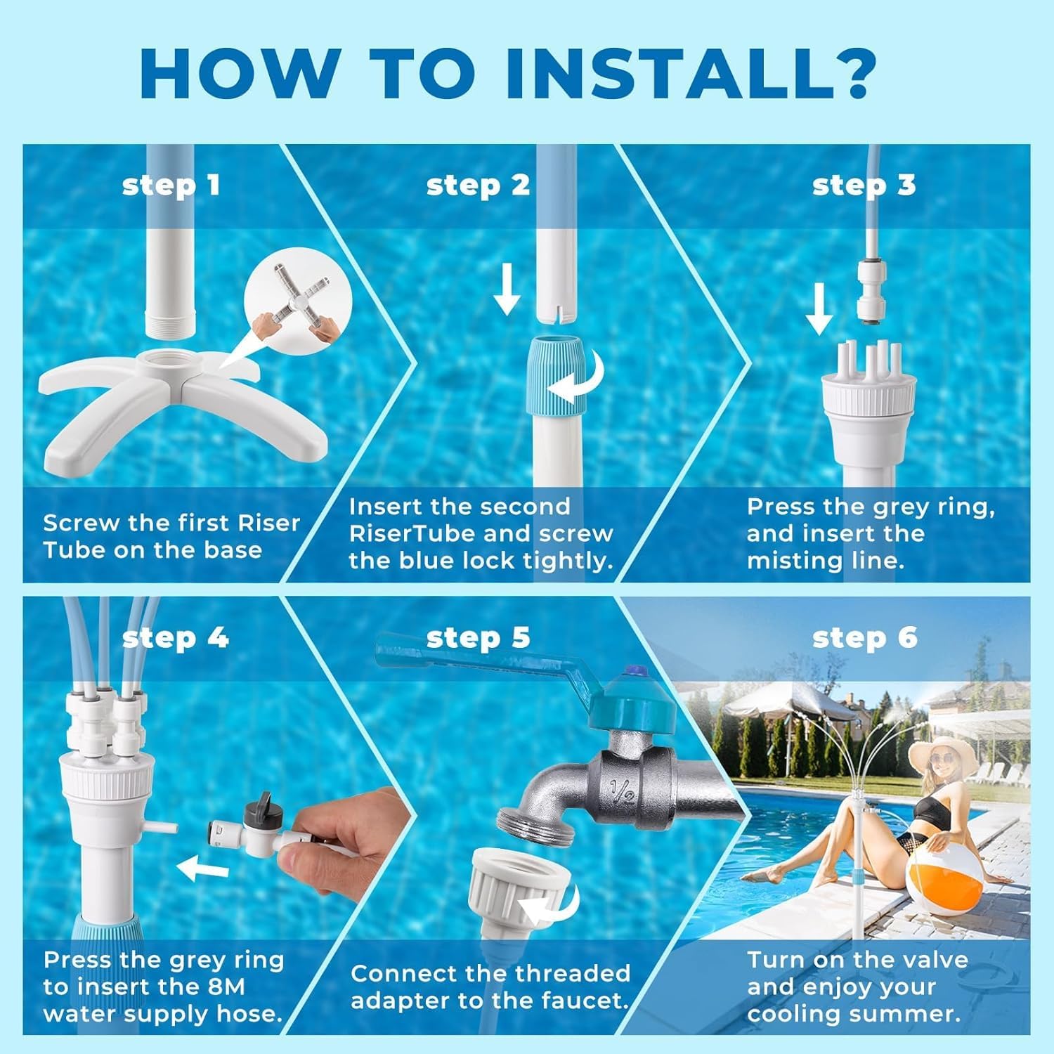 Tesmotor Sistema de niebla de pie para terraza y jardín, altura regulable al aire libre, con 5 boquillas, sistema de refrigeración con válvula y soporte, ducha de niebla para patio, balcón, piscina