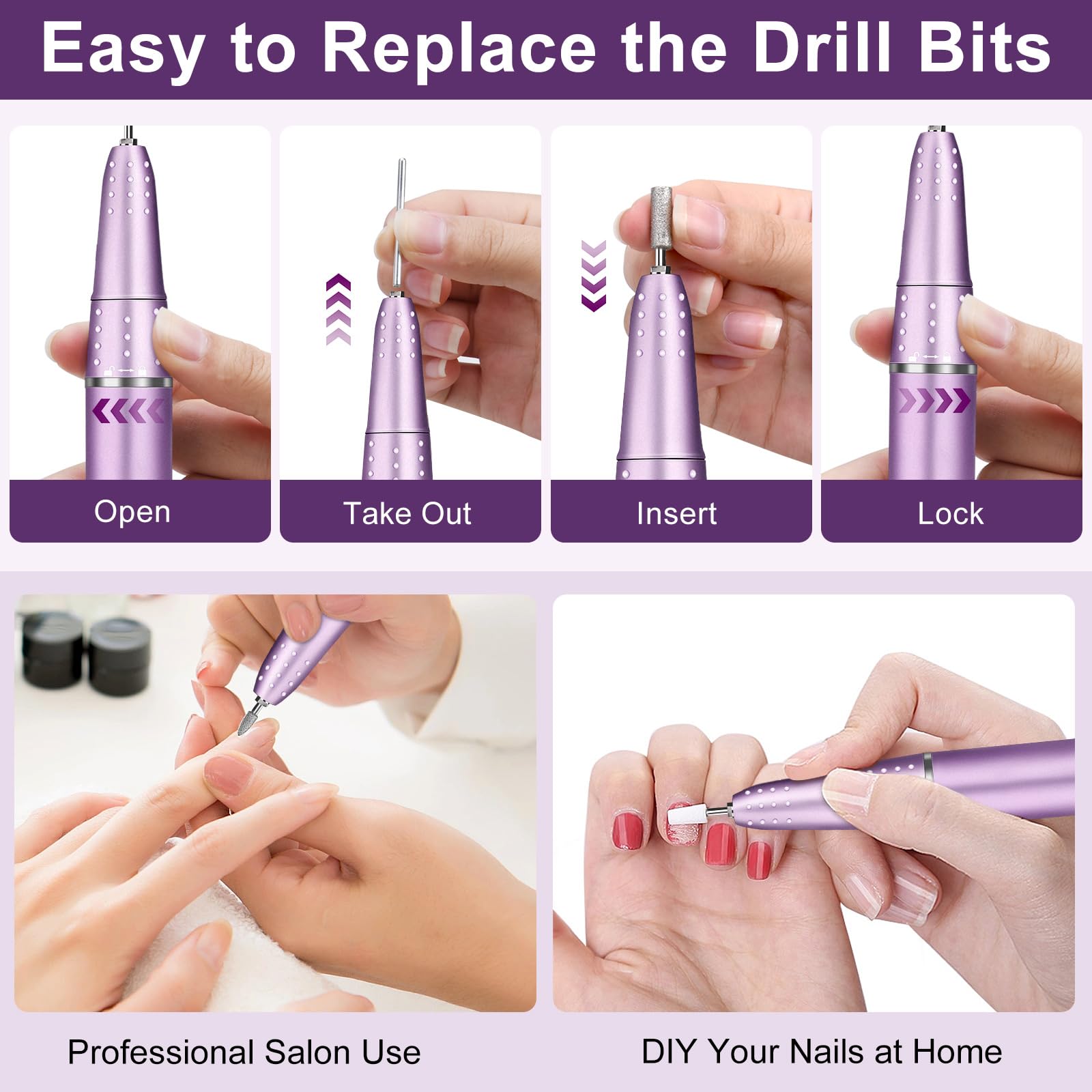 45000RPM Ponceuse à Ongles Professionnelle, Urbuti Ponceuse pour Ongles Électrique avec 11 Embouts et Écran LED, Limes à Ongles Portable pour Ongles en Acrylique et Gel, Manucure et Pédicure (Violet)