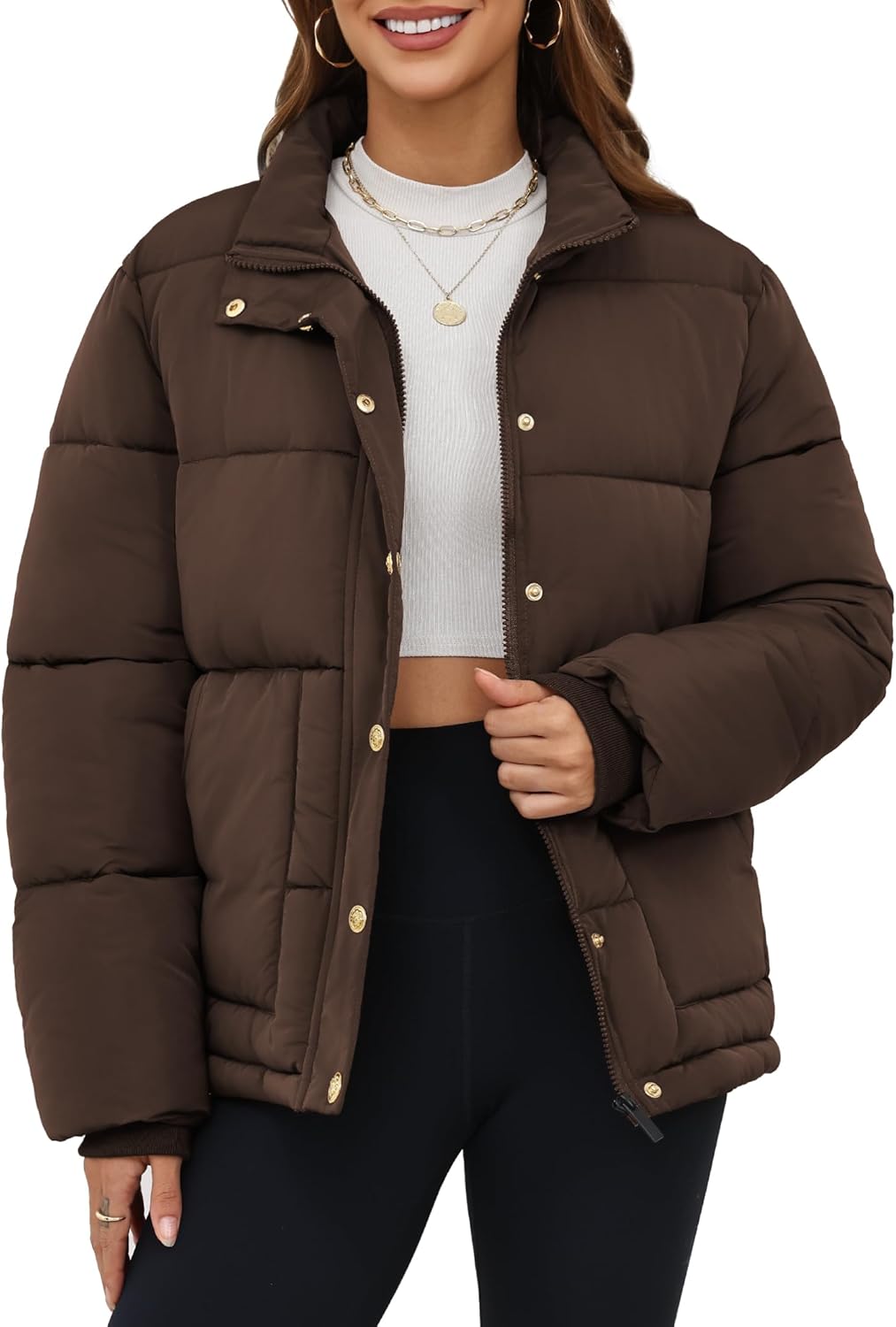Funlingo Women's Cropped Puffer Jacket Winter Stand Collar Zip Up Snap Button Warm Lightweight Short Quilted Coat - Image 2