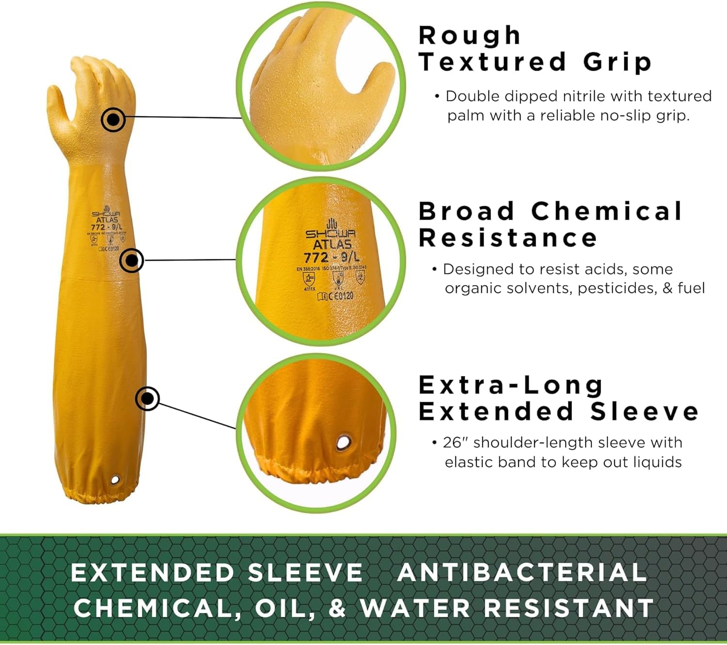SHOWA Atlas 772 26" Double Nitrile Coated Full-Arm Chemical Resistant Safety Gloves, Yellow, Size Small, Pair or Dozen