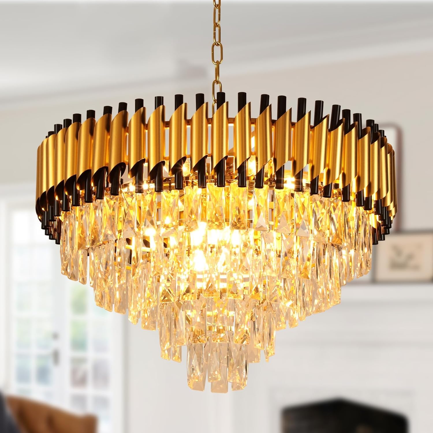 TRIXY Modern Crystal Chandelier, 800x300 mm Round, 3-Tier Black Gold, K9 Crystal Ceiling Light Fixture for Living Room and Hallway-picture-24