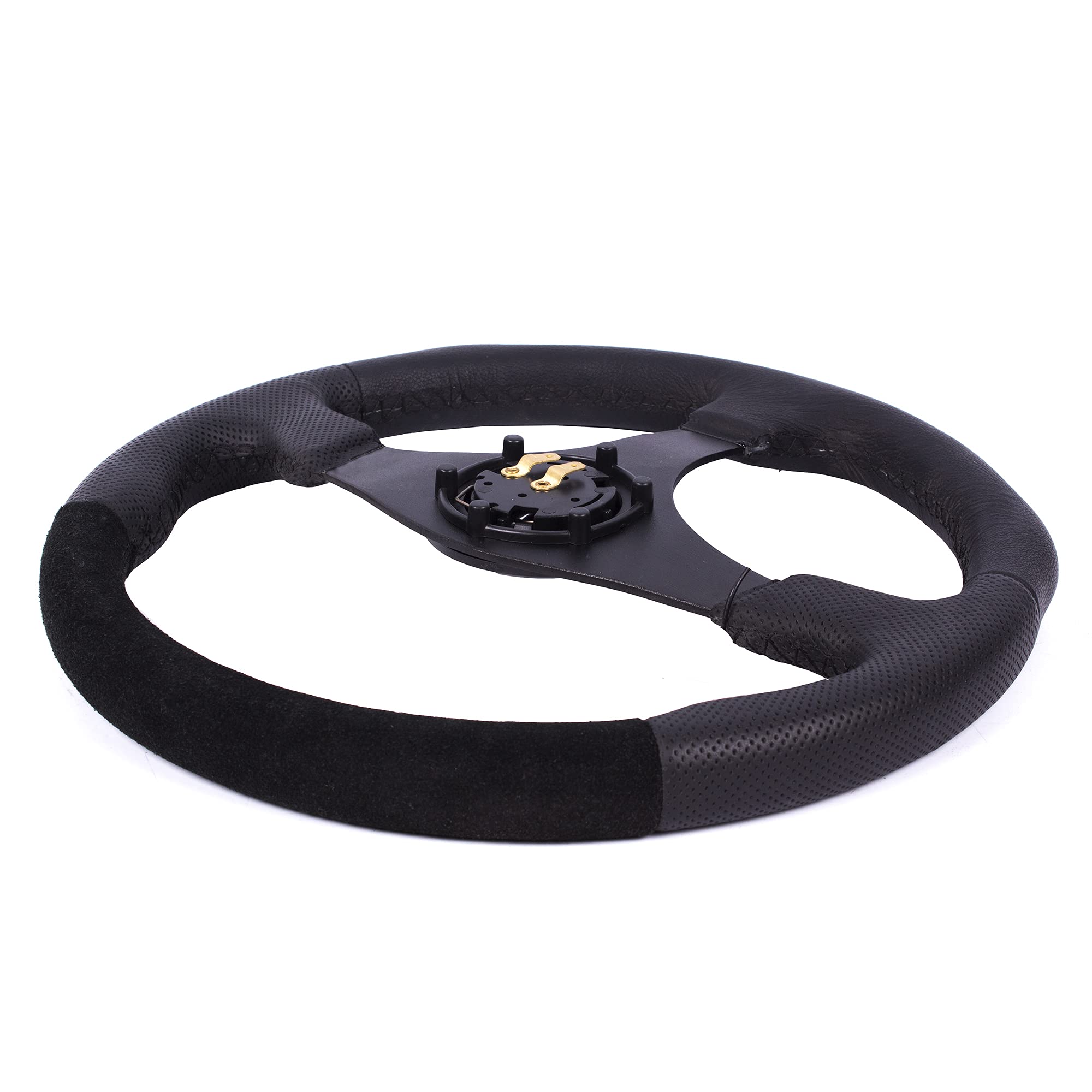 MODAUTO Volante Deportivo Universal, Volante Plano, de Piel y Terciopelo, Diámetro 350mm, Modelo G009, Negro con Costura Negra
