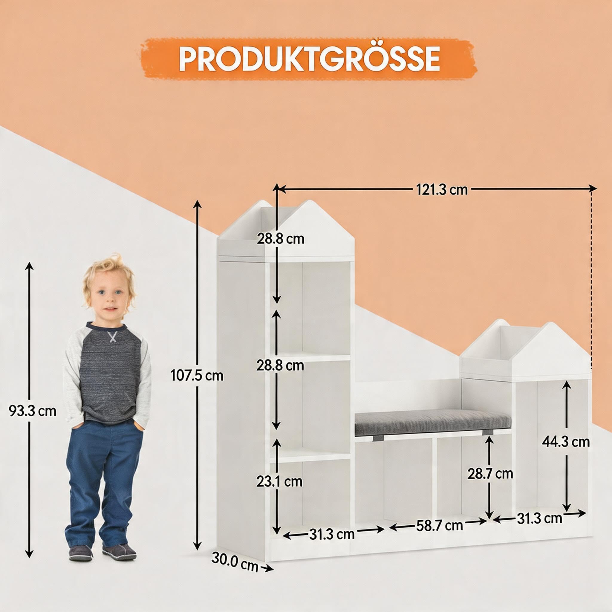 Kinderregal Hausform mit Sitzbank, 6 Fächer Spielzeugregal, Weiß | Gepolstertes Sitzkissen, Kippschutz, Robustes MDF, Abnehmbarer Bezug, Viel Stauraum, Sicher, Pflegeleicht, Stabil, Modern