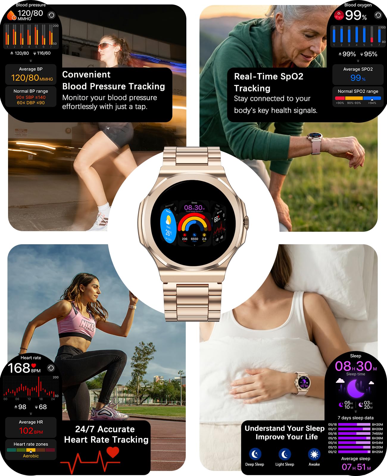 Smart Watch per uomo e donna, 1,25 pollici HD Fitness Tracker con Bluetooth chiamate/frequenza cardiaca/monitoraggio del sonno/100+ modalità sport, acciaio inox+cinturino in silicone per
