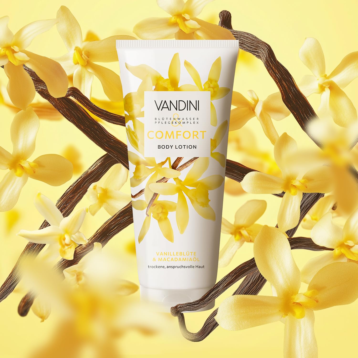 VANDINI 6 x COMFORT Balsam do ciała dla kobiet, 200 ml, z kwiatem wanilii i olejkiem makadamia – balsam do ciała do suchej, wymagającej skóry – wegański, bez parabenów i silikonów, Made in Germany
