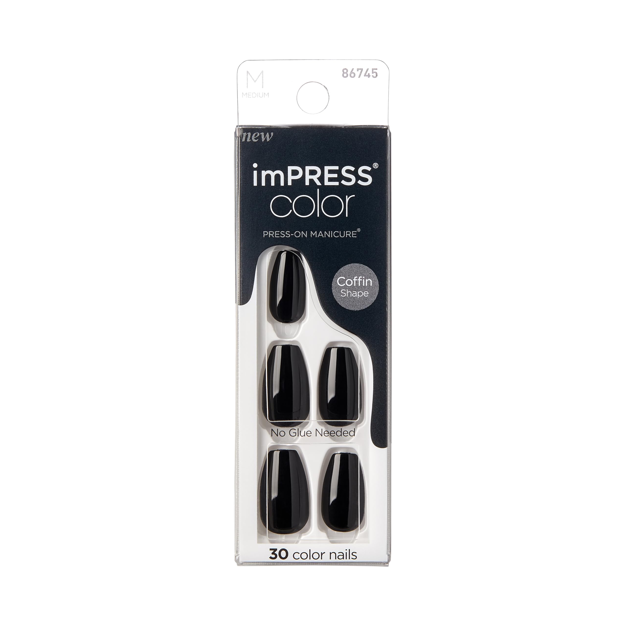 KISS imPRESS Color Press-On Manicure Fake Nails, All Black - Short & Square, Solid Black, Ready To Wear, Chip Proof, Smudge Proof, No Dry Time, Mini File & More | 30 Count