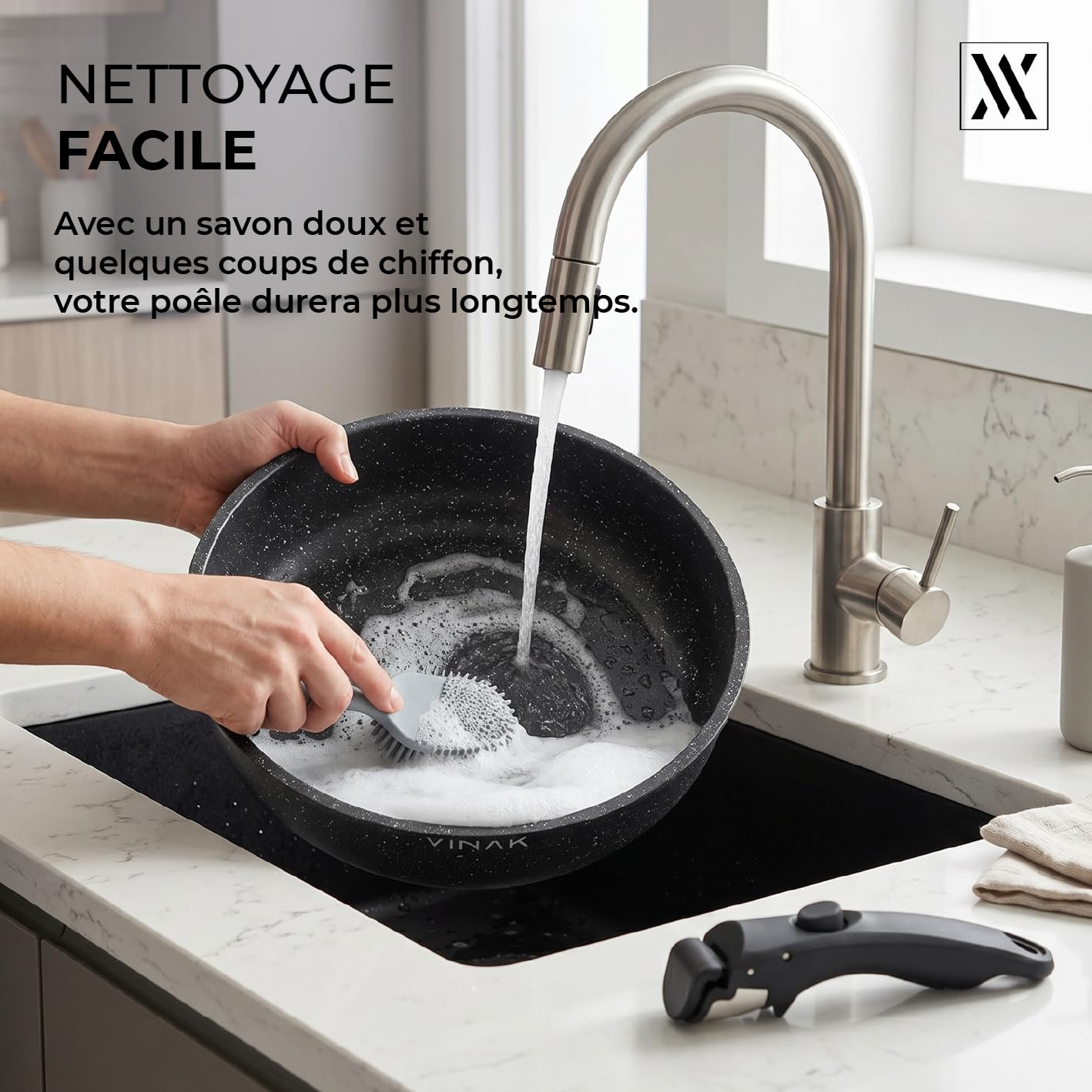 VINAK - Set de poêles avec manche amovible - Antiadhésives - 11 PIÈCES - Poêle 26 cm + 20 cm, casserole 18 cm, couvercles de rangement, ustensiles en silicone | Induction et Four | Sans PFOA/BPA