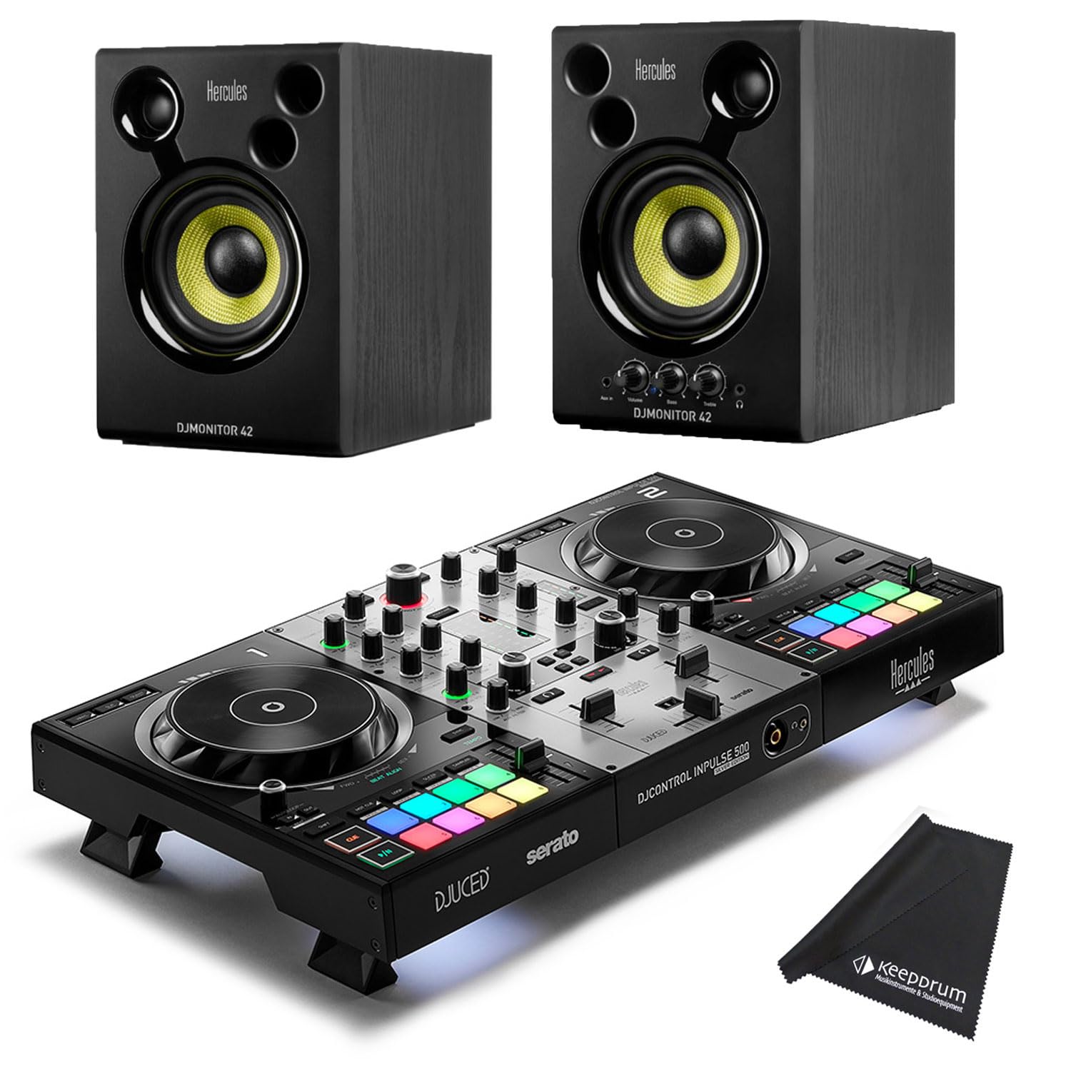 Hercules DJControl Inpulse 500 - Controlador USB para DJ (2 cubiertas, edición plateada, 42 cajas y gamuza de microfibra)