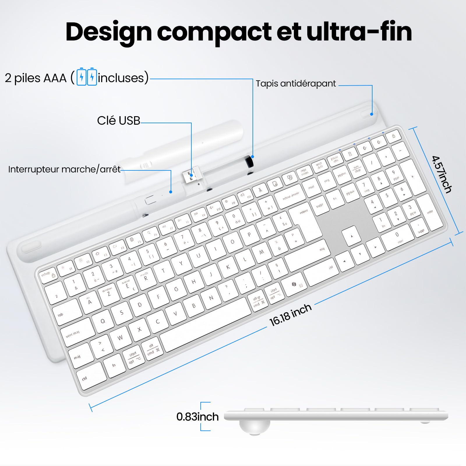 Tastiera Bluetooth senza fili in acciaio inox, a dimensione completa con tastierino digitale, multi-dispositivo, tasti silenziosi a profilo basso, doppia modalità 2.4G + Bluetooth per PC